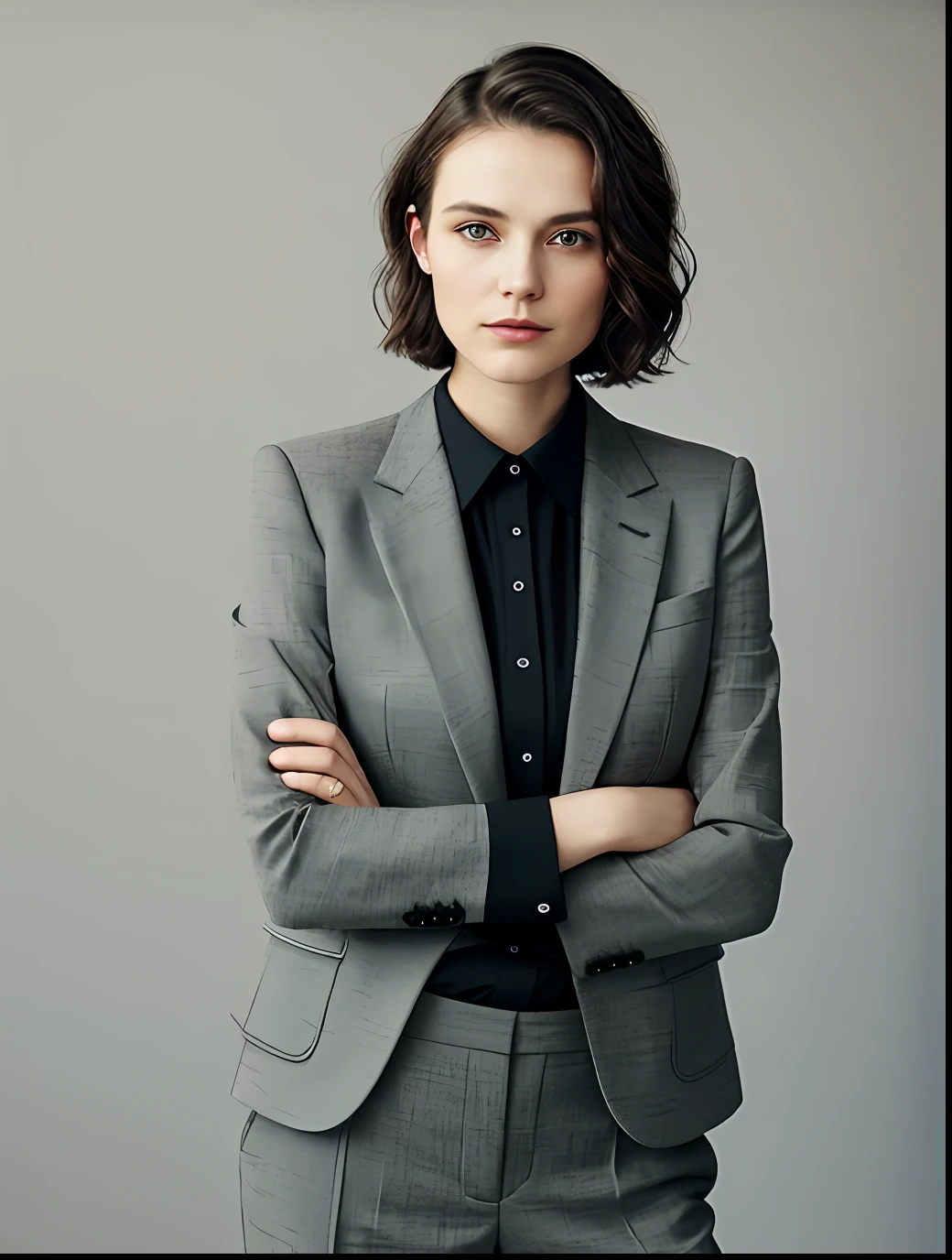 (create a ceo woman wearing suit with pants ), (Light brunette with the symmetrical face of model), wavy hair cut chanel , dark, stylish and elegant, slim , arms crossed (high quality and realistic image), cinematic style, ((Best quality, 8k, Masterpiece).