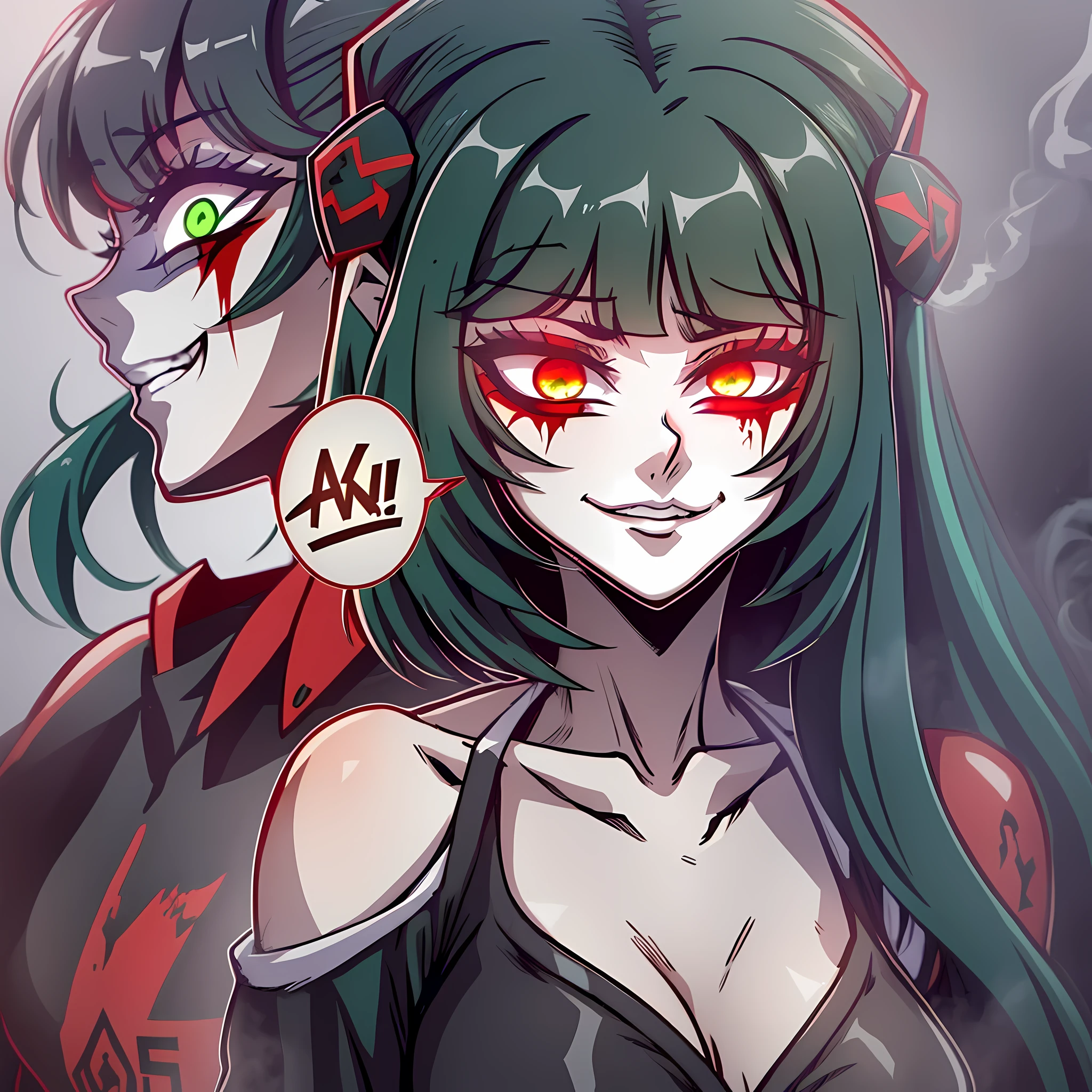 A girl with green hair, red eyes, stands with her back to her evil clone, blood on her face, zecralo, negativity, anime, against the background of smoke, hell and emptiness