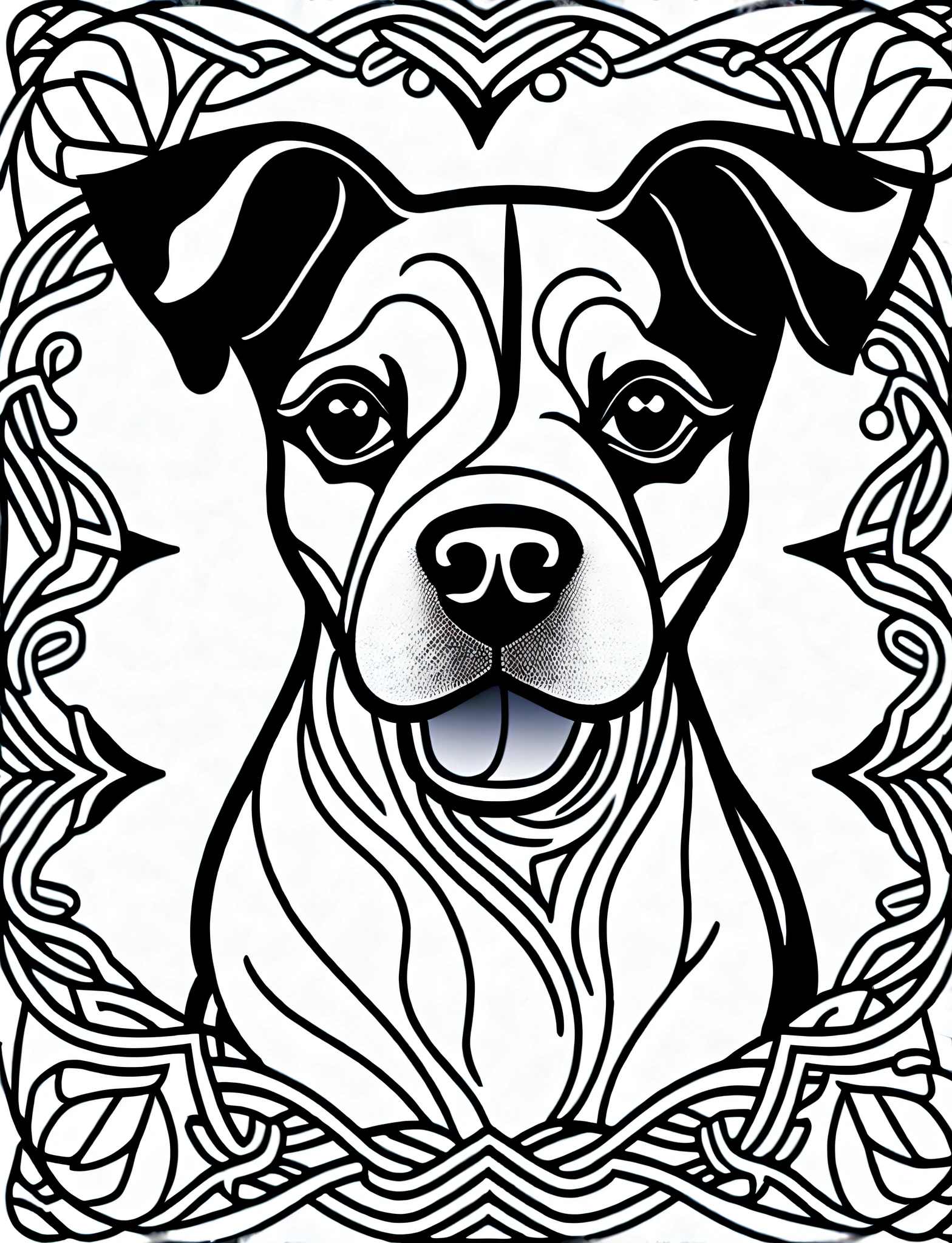 a Jack Russell Terrier style dog, fantasy, magical, mandala, happy, black and white, equal wavy lines, realistic line art drawing, coloring book page, no noise, sharp thick lines, contour art, centered image, isolated on a white background