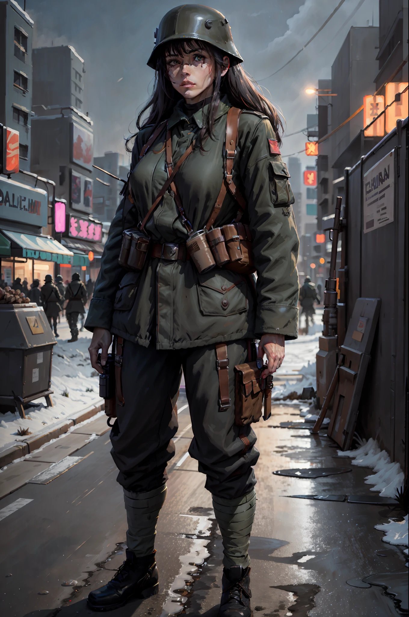 (4k,ultra detailed:1.2),(anime:1),illustration,(photorealistic:1), (solo:1.2),(standing),(full_body:1.2), (single background,:1.4), (landscape), (a woman), (cyberpunk aesthetics), (a cyberpunk city bustling with neon signs), (night), mushroom cloud, (holster, overcoated overall, cargo pants: 1.2), (supermodel: 1.4), (wide hips: 1), (black hair), ww1ger,