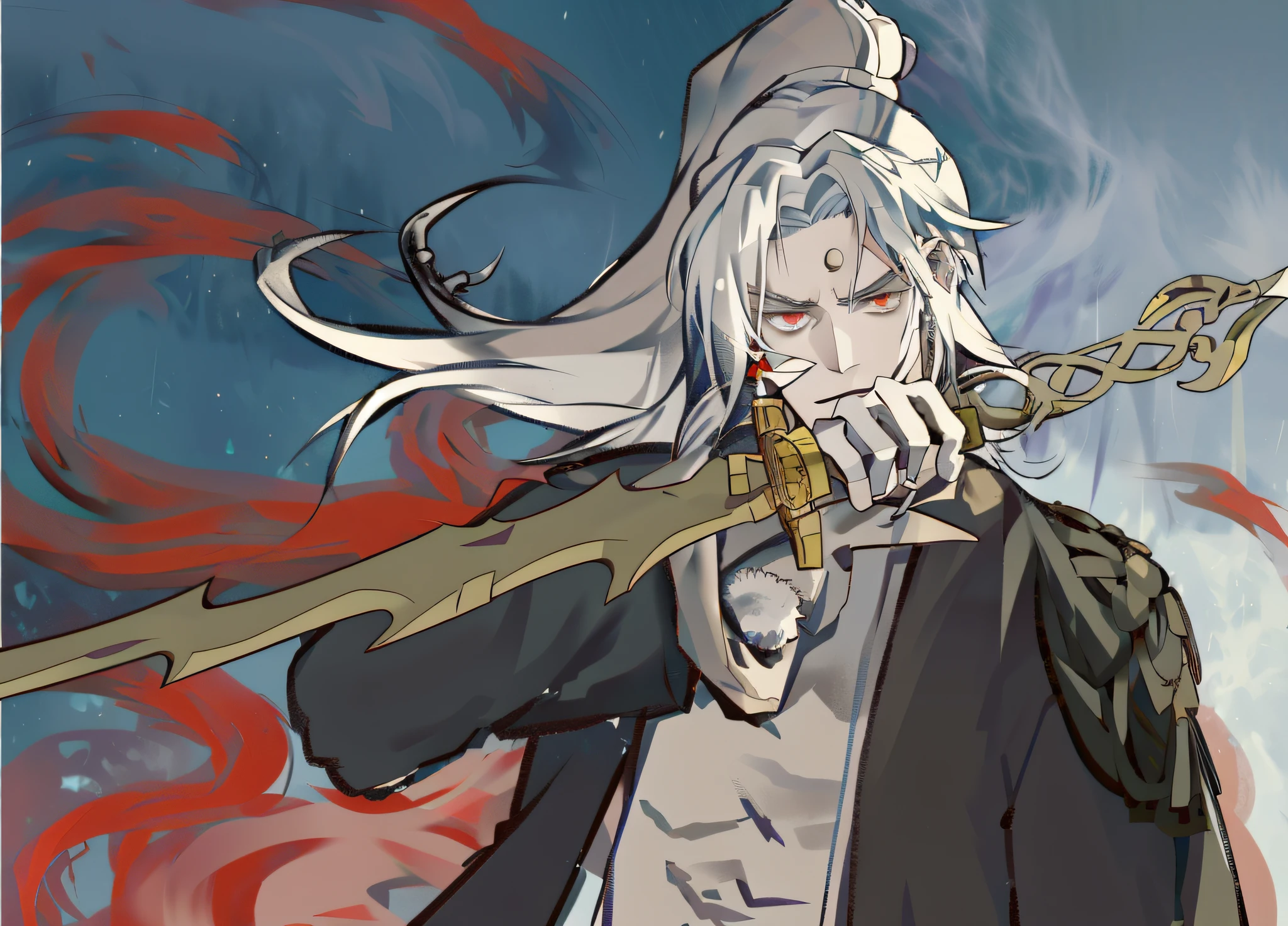 anime character with sword and red eyes in front of a cloudy sky, white haired deity, alucard, beautiful male god of death, a silver haired mad, elric of melnibone, white haired, zerochan art, with large sword, onmyoji portrait, wielding kunai, tsurumaki kazuya, with long white hair