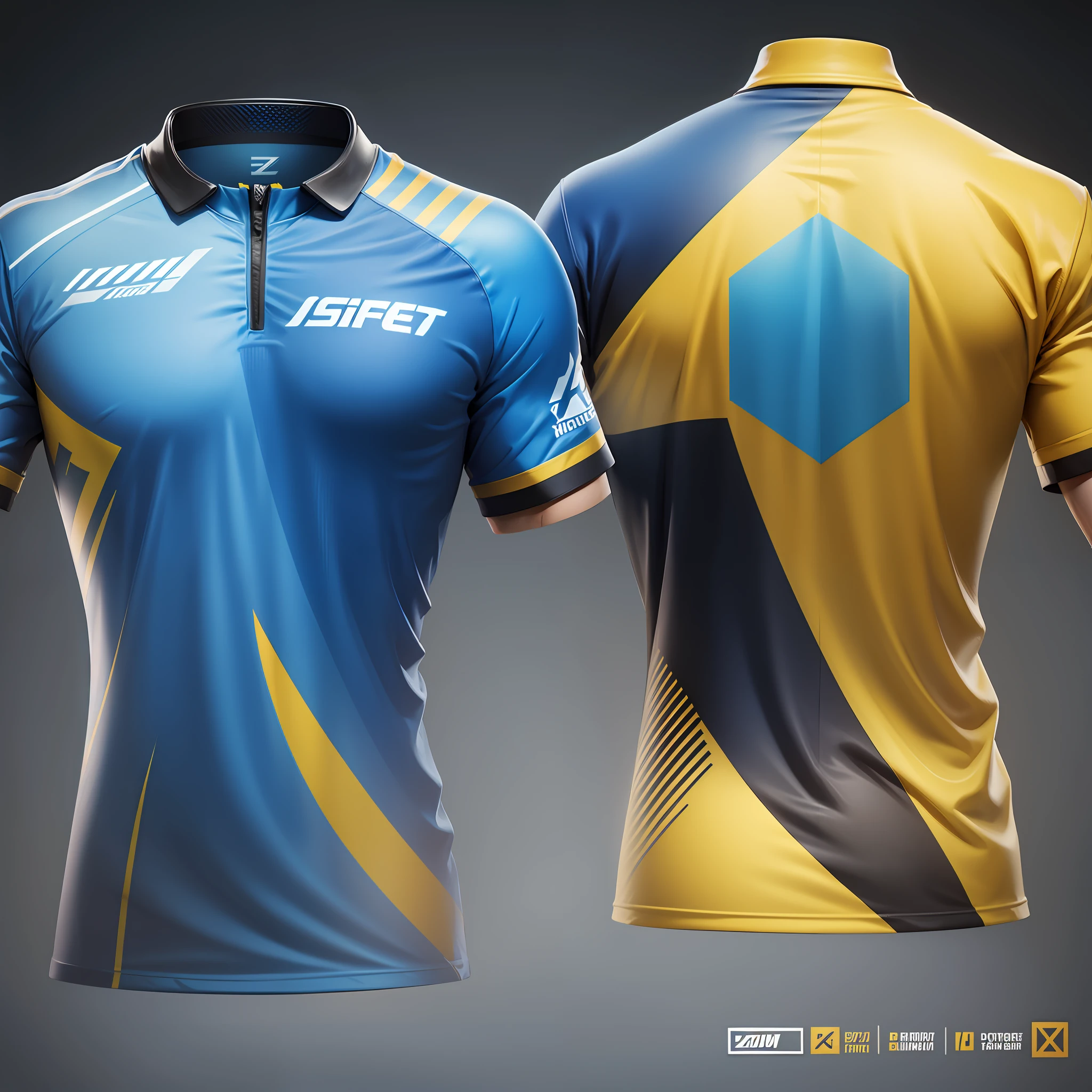 Designs e-sports shirt shades of matte blue and vibrant yellow front vector, hyper realistic rendering, hyper detailed, octane render --auto --s2