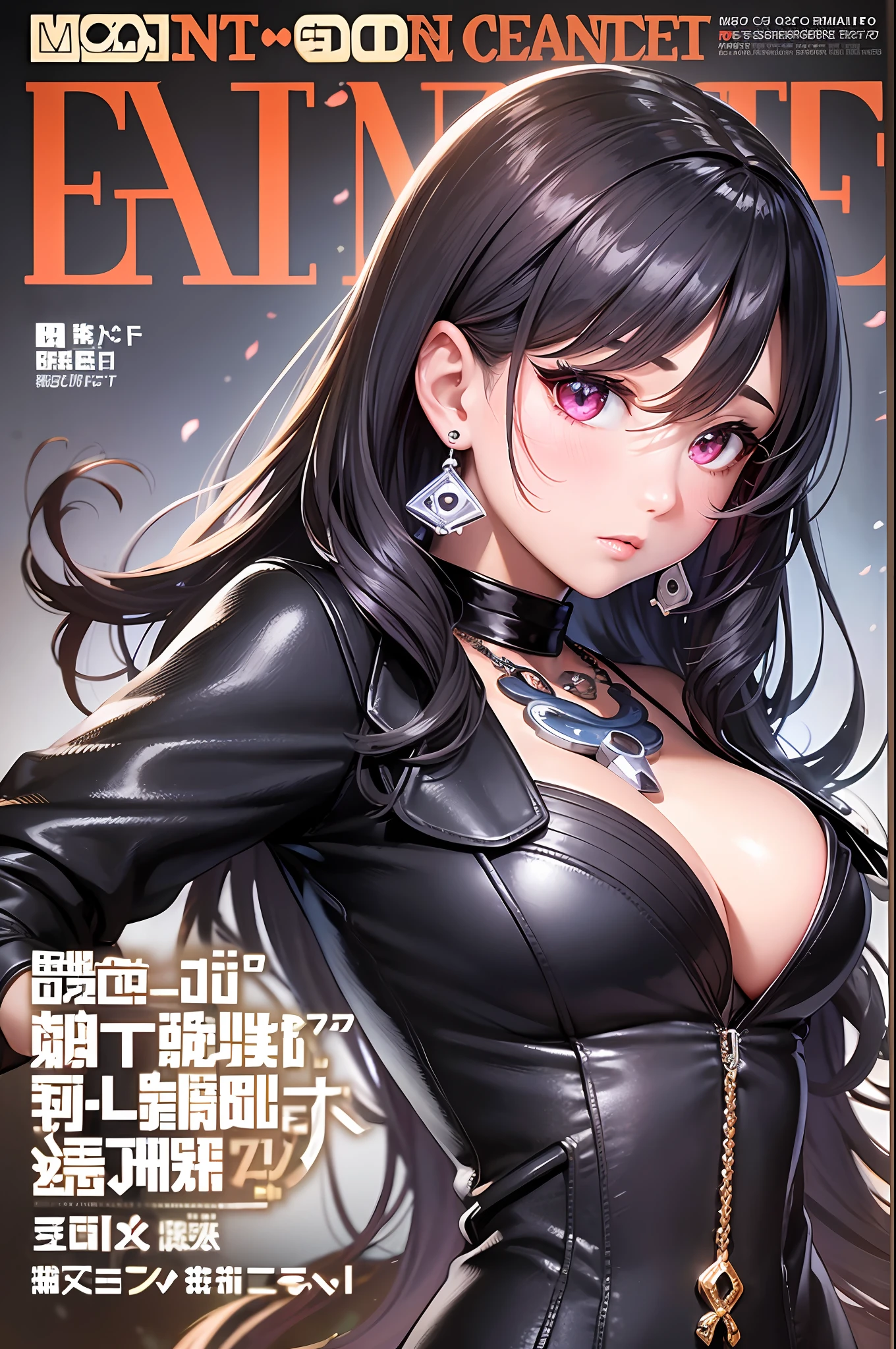 magazine scan, (magazine cover:1.2), cover text, text, (magatama necklace:1.1), wlop, 1 girl, solo, black gloves, black open jacket, character request, commentary, earrings, double v, jewelry, long hair, looking down, perfect flowing hair