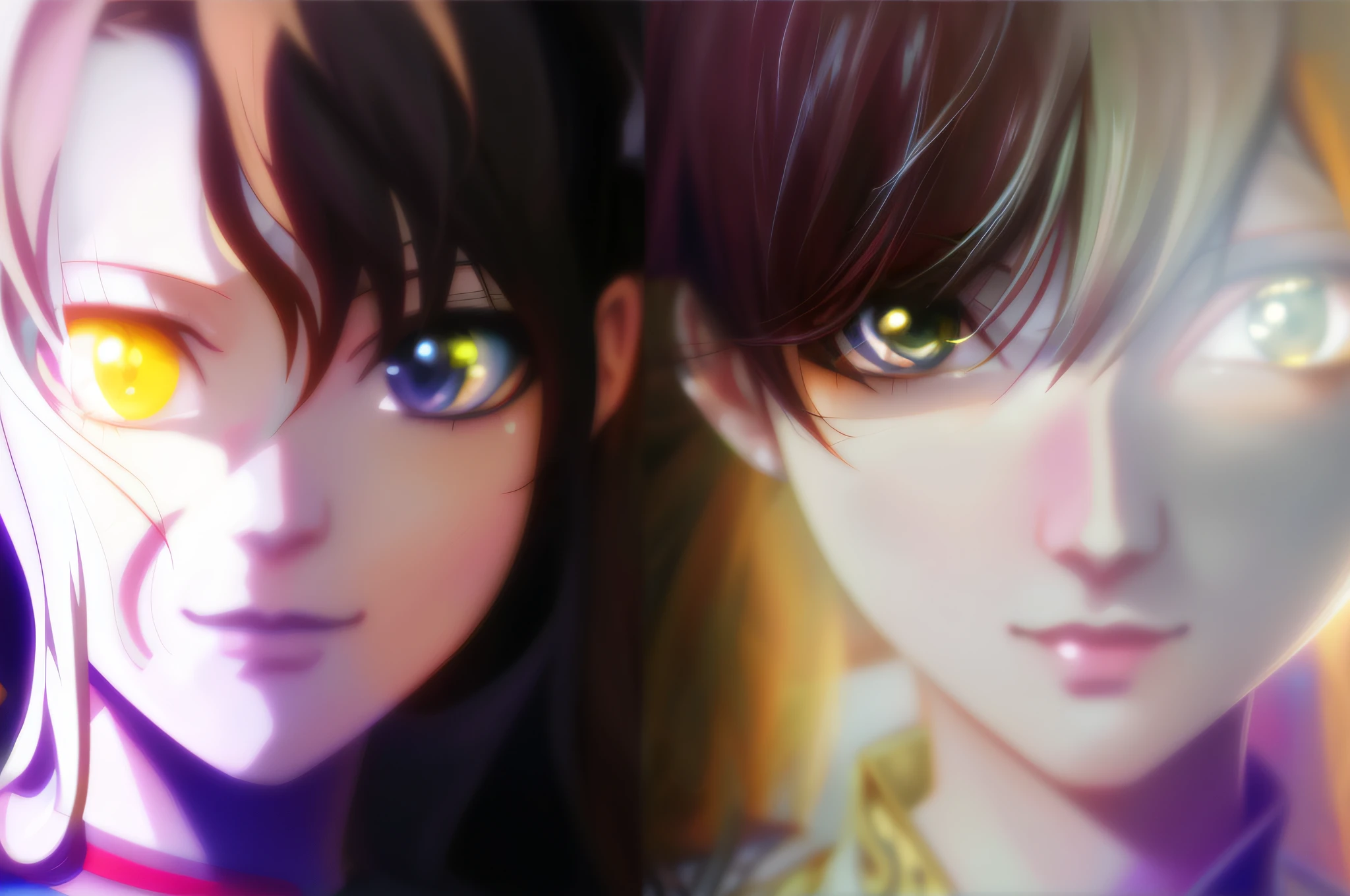 anime characters with yellow eyes and black hair are staring at the camera, realistic anime artstyle, made with anime painter studio, detailed digital anime art, anime styled digital art, semirealistic anime style, anime realism style, anime. soft lighting, digital anime illustration, persona 5 art style wlop, stunning anime face portrait, digital anime art, anime style 4 k
