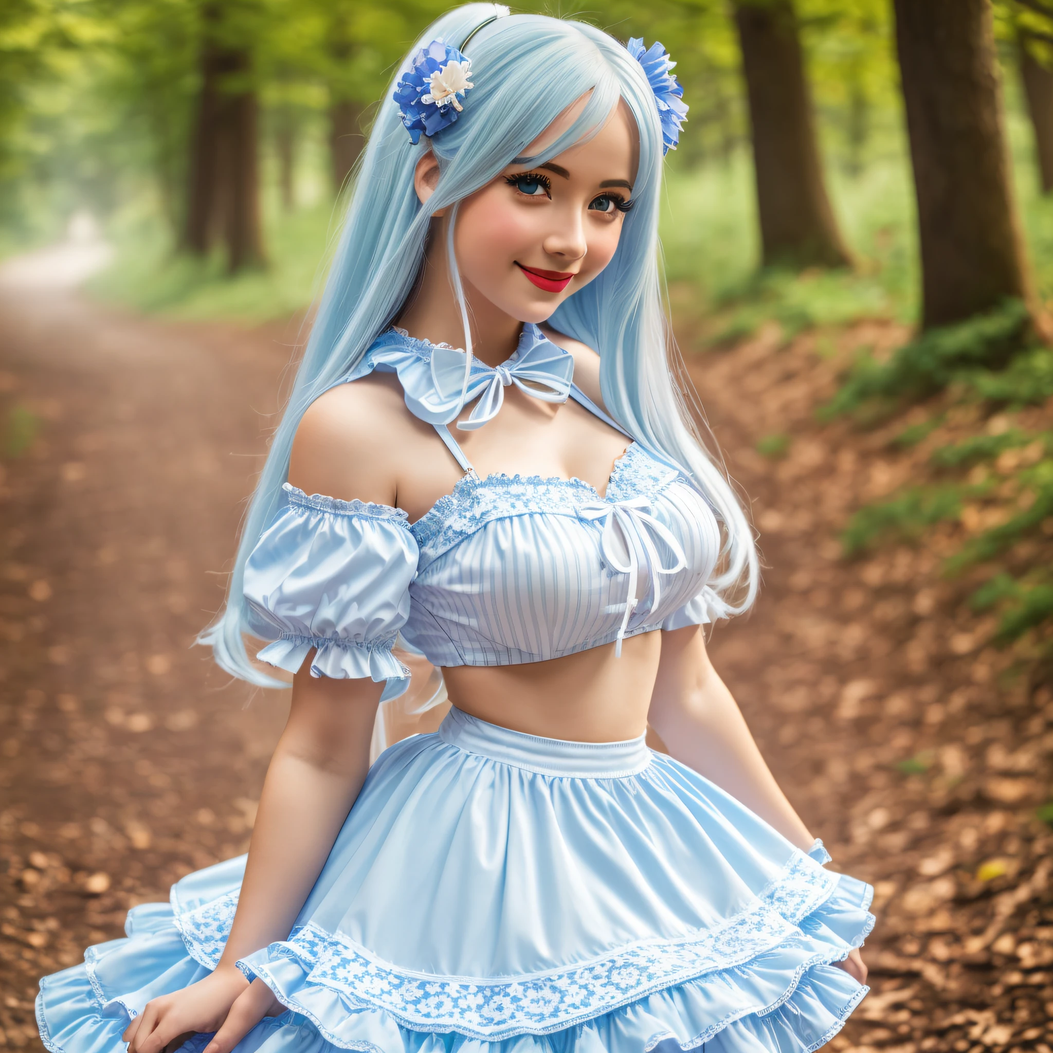 ((1 solo girl)), (((full body photo)))), ((realistic soft lighting)), ((realistic)), (beautiful face:1.1), long straight platinum blue hair, detailed eyes, lush lips, 28 years, (sexy attractive figure), (large breasts), (neckline), (tight abs), (thick hips) 4K, HDR, DSLR photoshoot, professional photography, detailed texture, red lipstick, purple nail, light blue eyes, american girl, lolita, light blue and white lolita outfit, on the high hill with beautiful trees and flowers, open sky with sun, by day, smiling --auto --s2