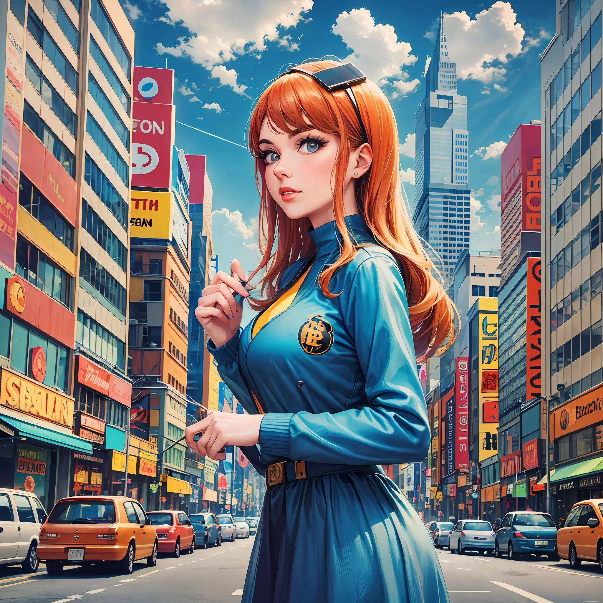 Woman holding a bitcoin, American city, 60s, pop art