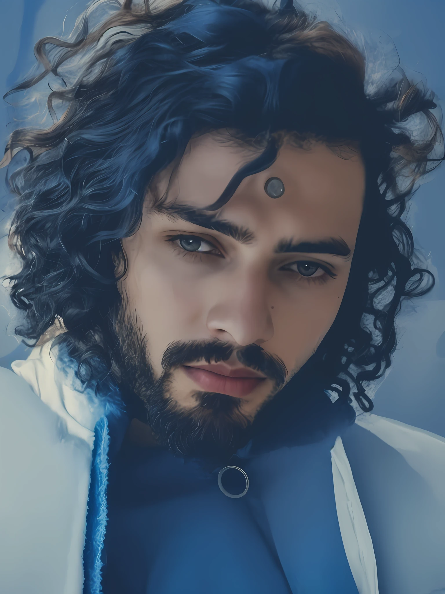 young man with long curly hair and short beard wearing a blue coat, Ismail, with long curly hair, about 19 years old, white, handsome,