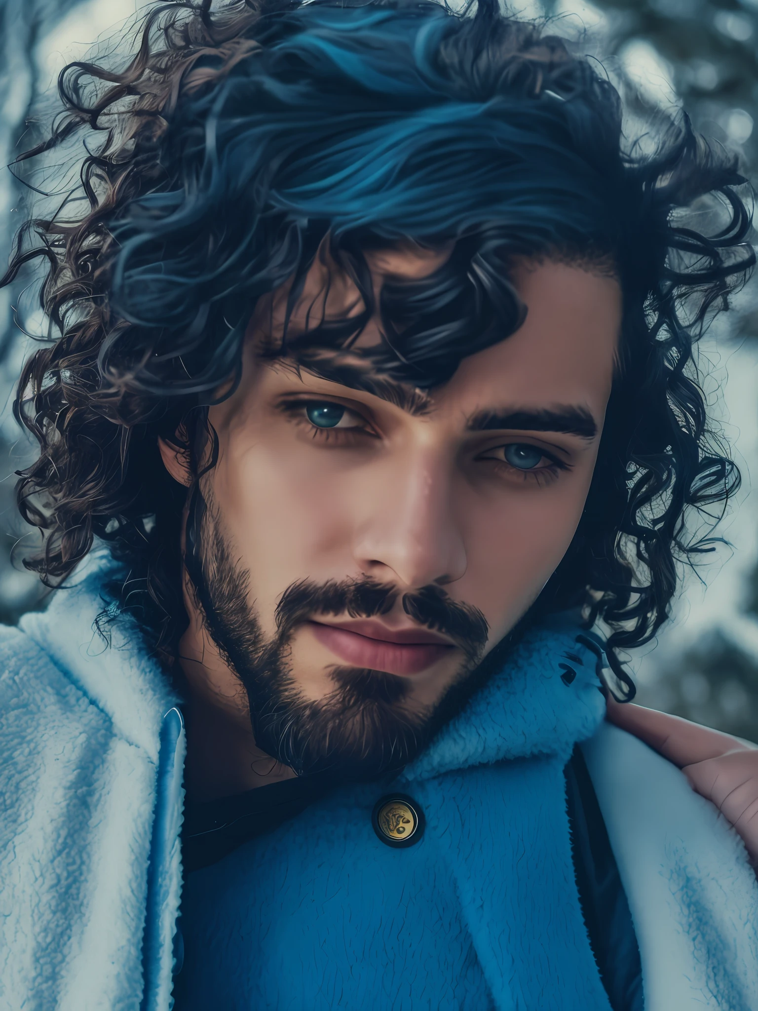 young man with long curly hair and short beard wearing a blue coat, Ismail, with long curly hair, about 19 years old, white, handsome,