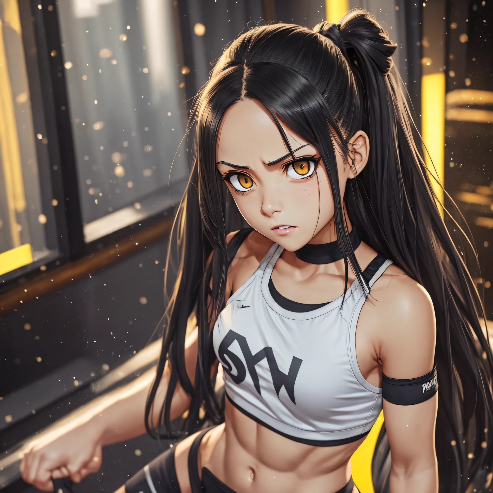 Hayate nagatoro, long straight hair, crouched in the dressing room with her hands behind her head, bright yellow eyes, full body, gothic makeup, tomboyish style, (anger), ((sarcastic face)), atmospheric light, very small breasts, perfect female face, ultra detailed, (wearing black running uniform with short sleeves and short shorts), ((slim body and fitness))), toned abs, fitness, smooth,  High details, soft bokeh background --auto --s2