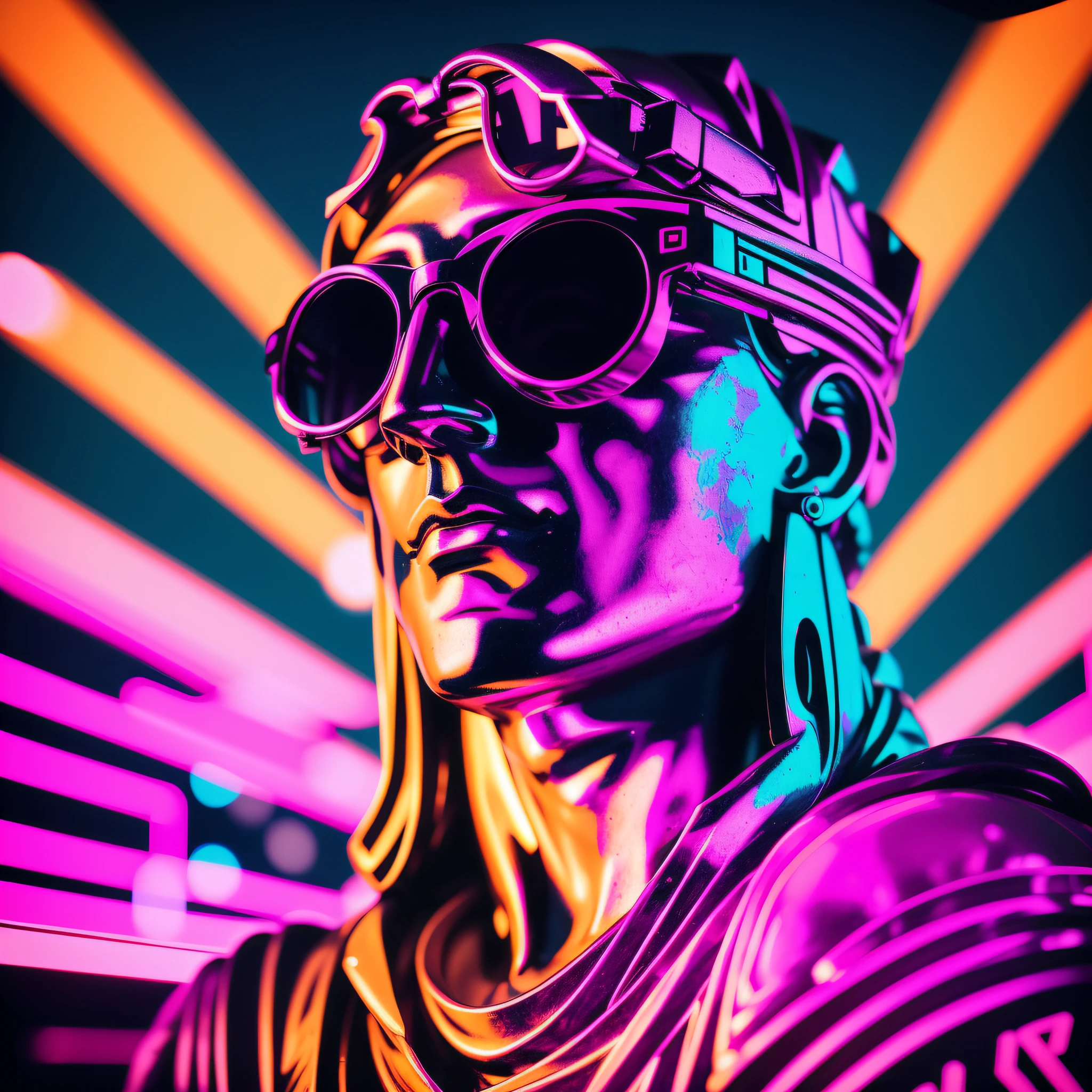 a close up of a statue with sunglasses on it, baroque vaporwave statue, neon roman, vaporwave style masterpiece, maximalist vaporwave, cyberpunk vaporwave, inspired by Mike Winkelmann, vaporwave sci - fi, synthwave art style, synthwave art, vaporwave lighting style, synthwave neon retrofuturism, vaporwave art, cyberpunk statue