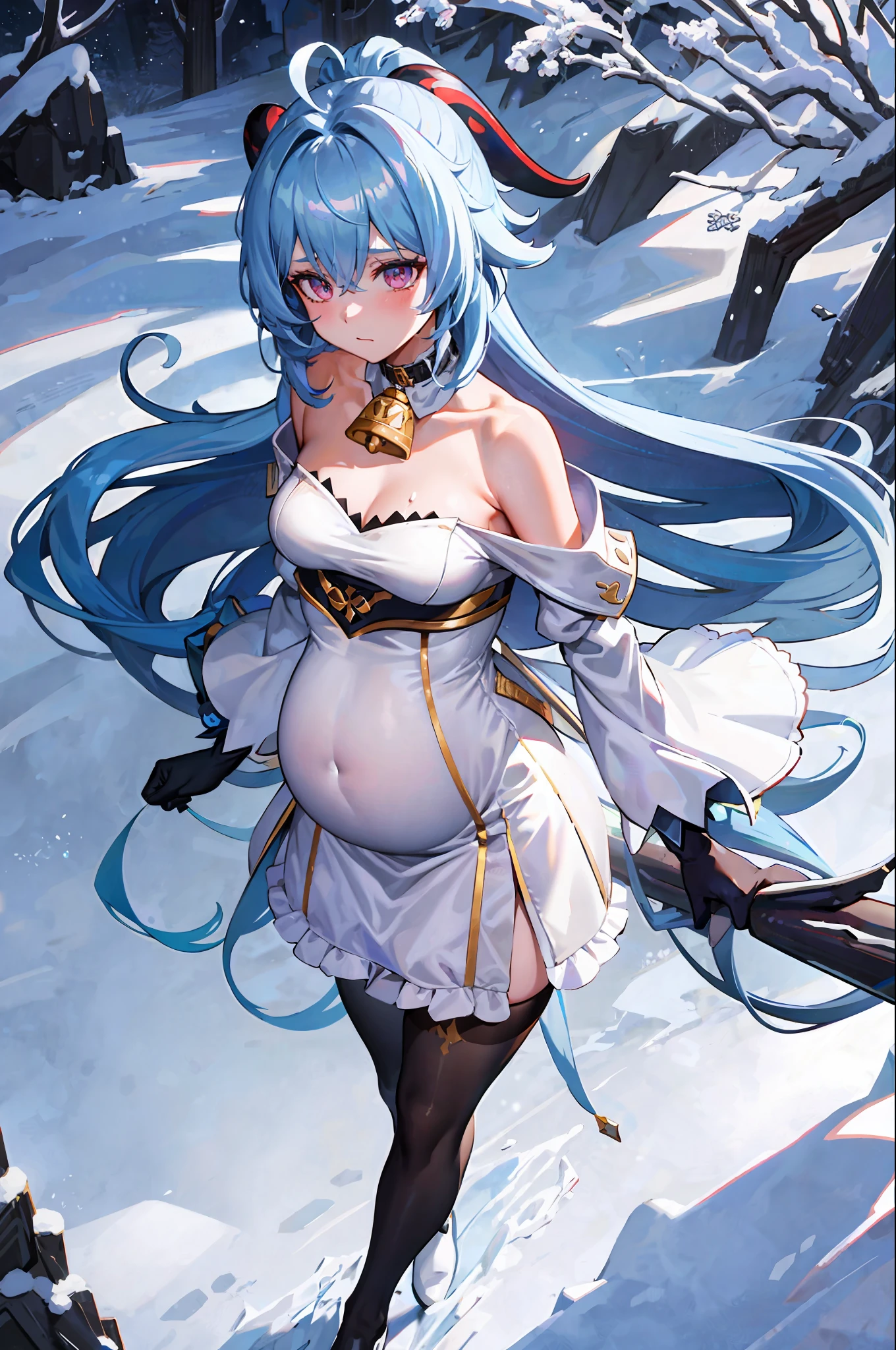 Masterpiece, Best Quality, High Resolution, 1girl, Blue Hair, Long Hair, Extra Long Hair, Ponytail, Bangs, Hair Between Eyes, Side Hair, Ahoge, Goat Horn, Horn, Purple Eyes, Bell, Cowbell, Neckbell, Collar, Split Collar, White Collar, Off-the-Shoulder, Pantyhose, Black Pantyhose, Body Stocking, Bodystocking Under Clothes, Pelvic Curtain, Sleeve Removal, White Sleeves, Long Sleeves, Gold Trim, Mid-Chest, Gloves, Black Glove, Ribbon, leg straps, ankle straps, white footwear, visual (genshin impact), ganyu \ (genshin impact \), outdoor, snow, mountain, standing, expressionless, pregnant, milky liquid, collar
