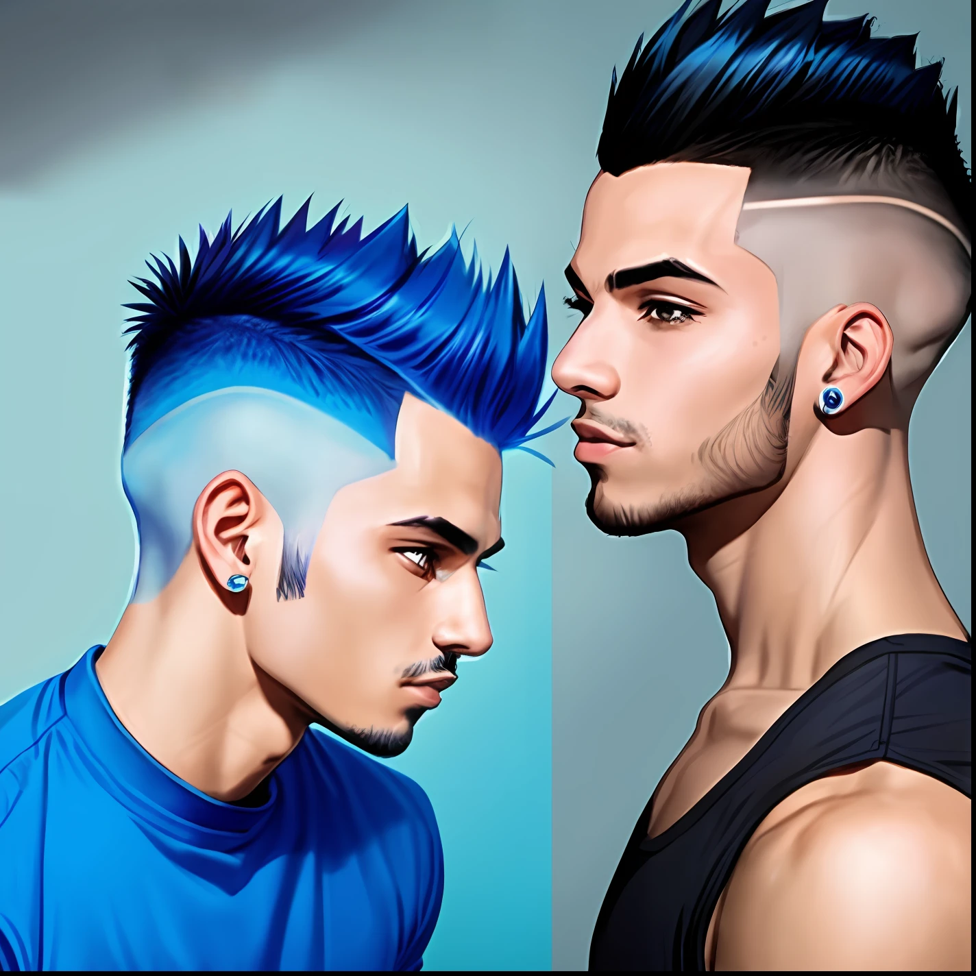 arafed man with a blue mohawk and a blue shirt, short hair on top of his head, profile view, with a mohawk, frontal picture, buzzed hair, blue mohawk, buzzed hair on temple, around 1 9 years old, mohamed chahin style, boy has short black hair, profile shot, mohawk haircut, one side haircut, mohawk hairstyle