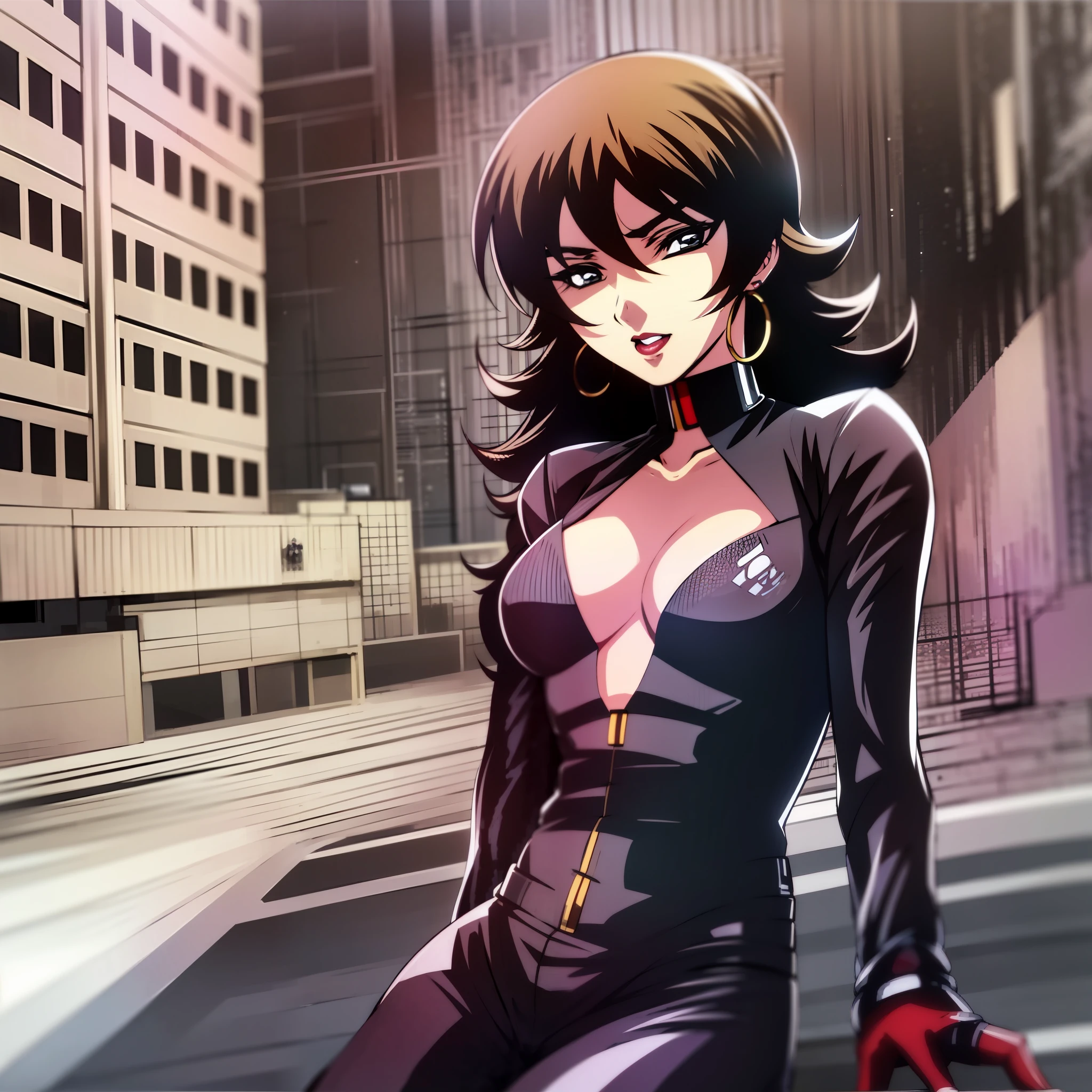 Adult woman, sitting on the hood of a car, long black hair, swaying in the wind, brown eyes, shadow around her eyes, blue lipstick, perfectly round earrings of golden ring, wearing tight clothes, black suit and dark blue shirt, black tie. Big breasts, broad shoulders, using red gloves