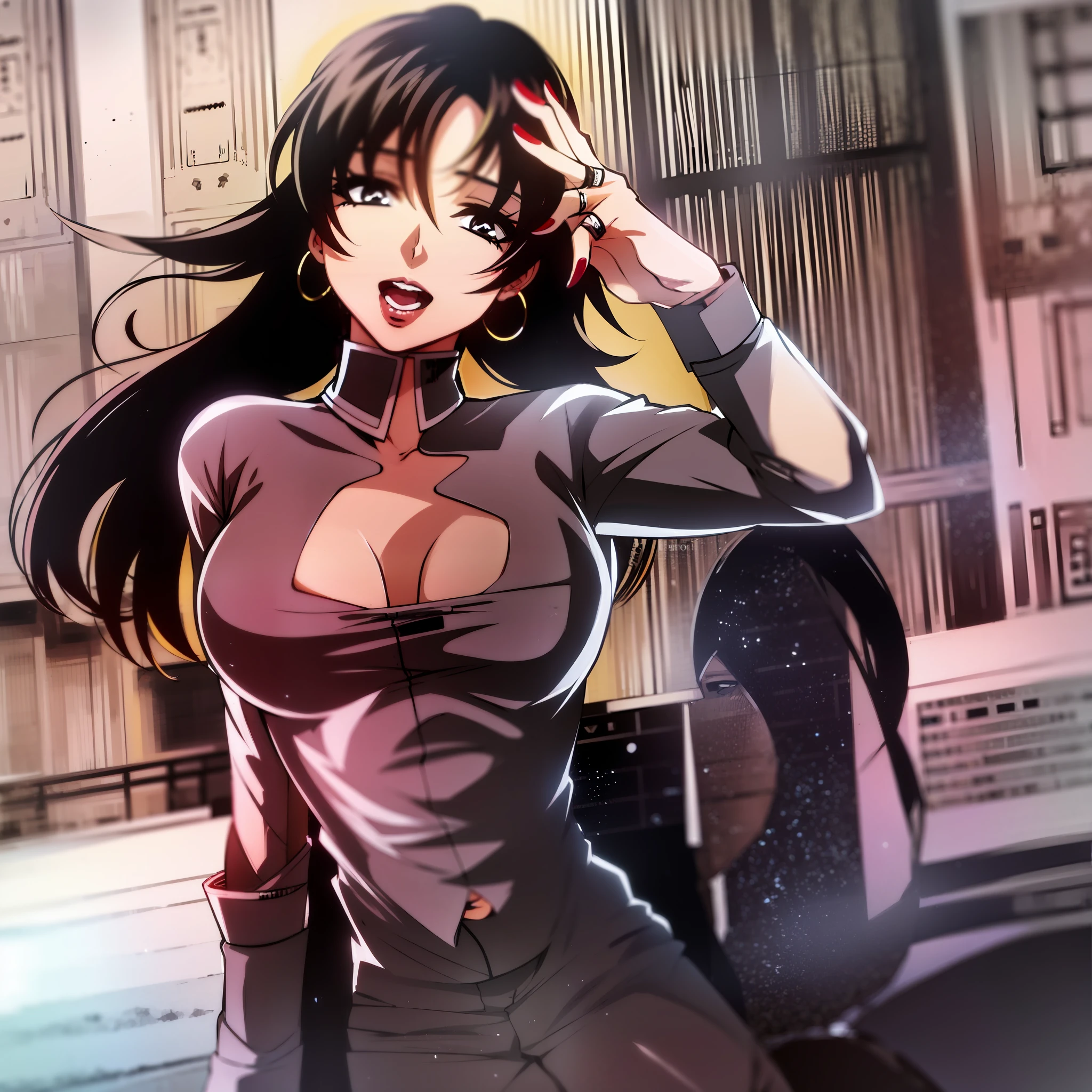 Adult woman, sitting on the hood of a car, long black hair, swaying in the wind, brown eyes, shadow around her eyes, blue lipstick, perfectly round earrings of golden ring, wearing tight clothes, black suit and dark blue shirt, black tie. Big breasts, broad shoulders, using red gloves