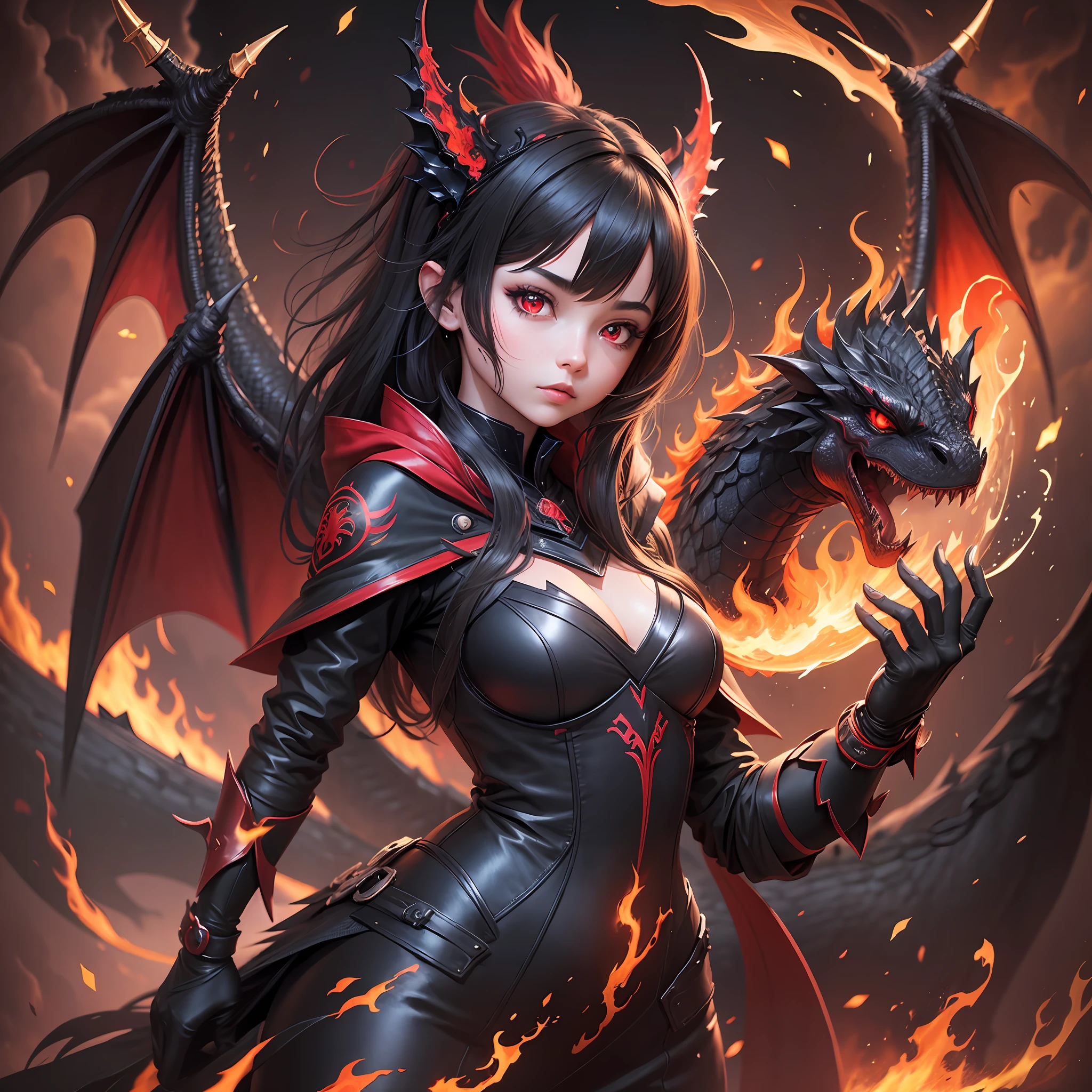 a girl and a black dragon with red eyes surrounded by fire in the night --auto --s2