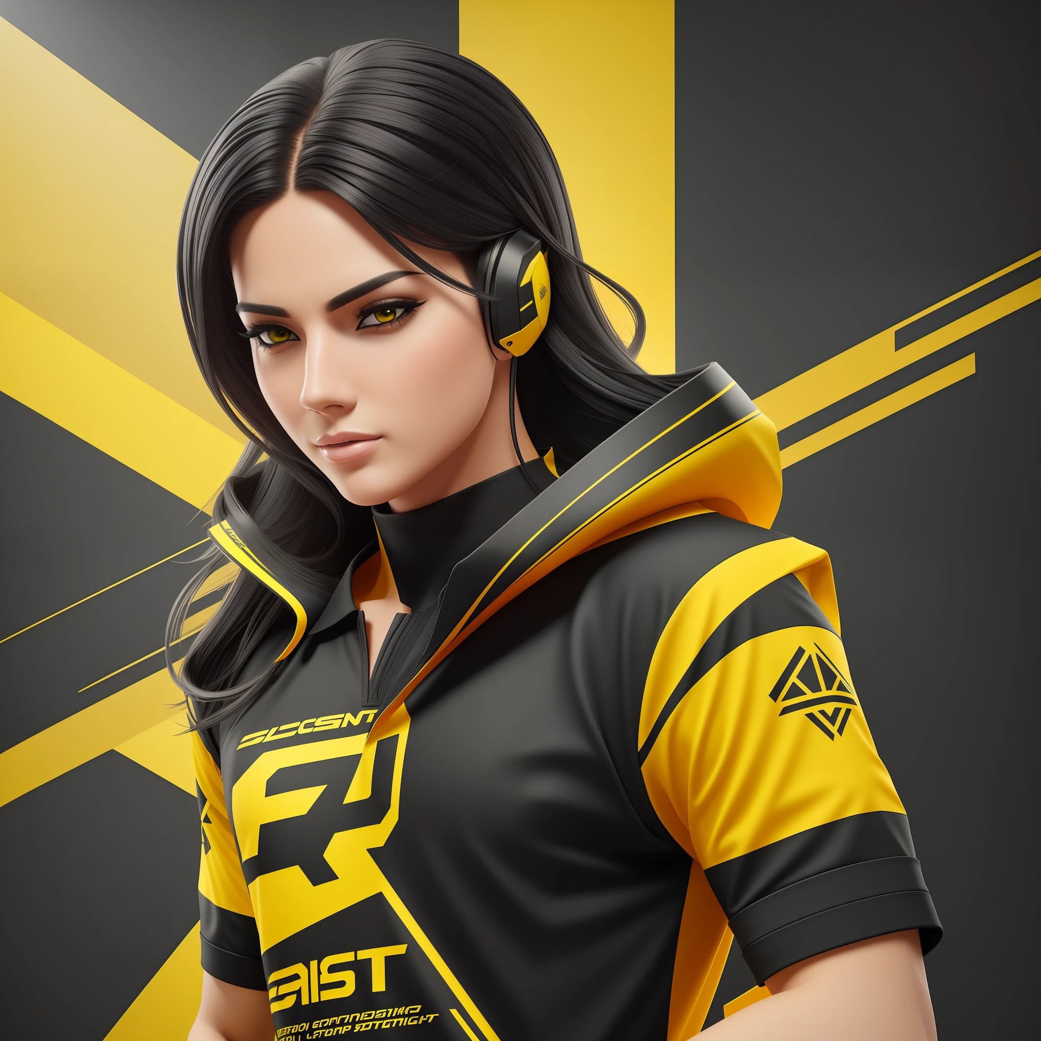 design a 1 shirt e-sports shades of light black and yellow vibrant vector front, hyper realistic rendering, hyper detailed, octane render --auto --s2