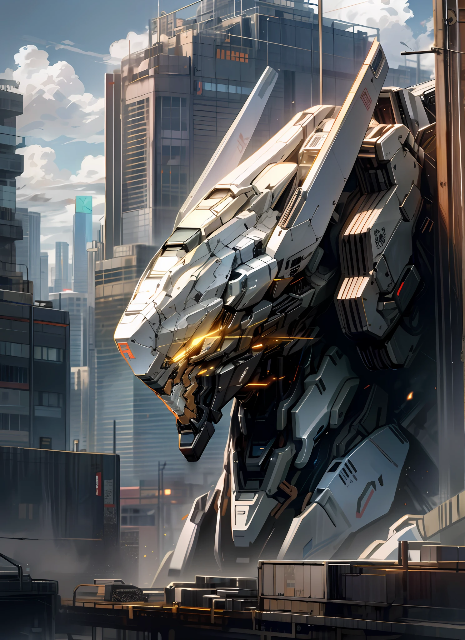 sky, cloud, holding_weapon, no_humans, glowing, , robot, building, glowing_eyes, mecha, science_fiction, city, realistic,mecha