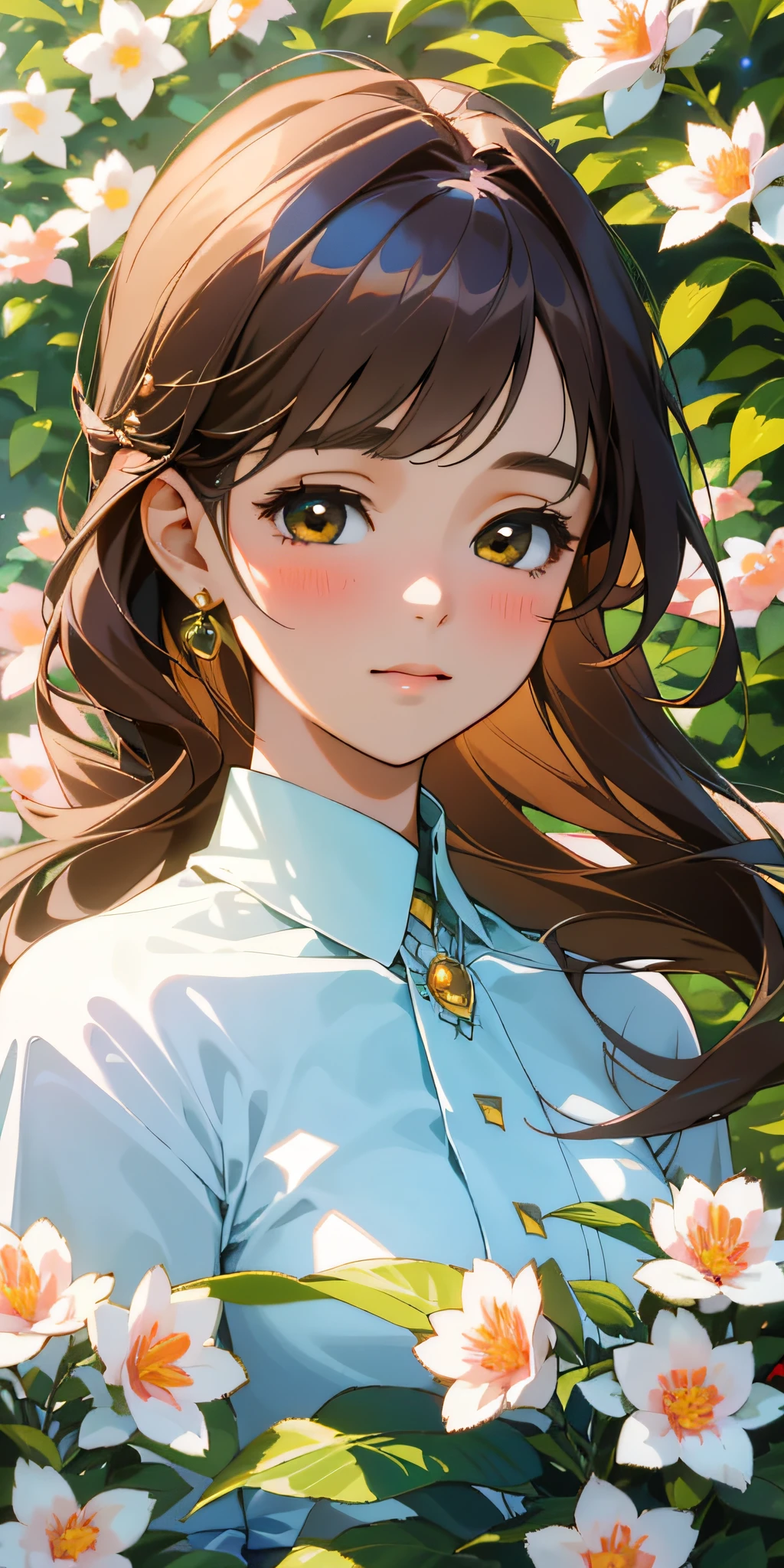 (best quality, masterpiece, ultra-realistic), portrait of 1 beautiful and delicate girl, with a soft and peaceful expression, the background scenery is a garden with flowering bushes and butterflies flying around.