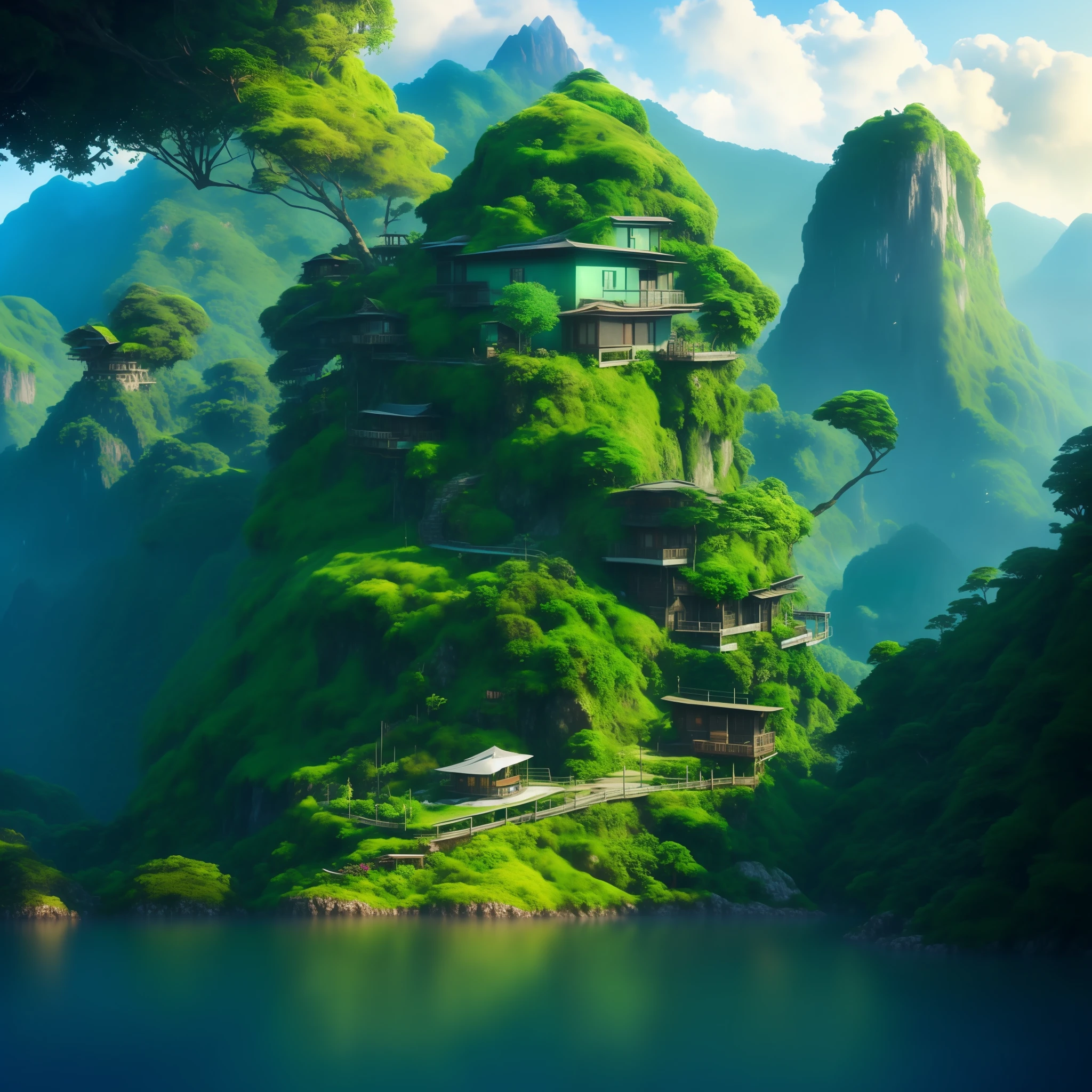 a close up of a mountain with a house on top of it, made of tree and fantasy valley, mountainous jungle setting, city buildings on top of trees, 4 k matte painting, epic matte painting of an island, extravagant matte painting, high quality matte painting, 8 k matte painting, 8k matte painting, beautiful mattepainting, 3d rendered matte painting