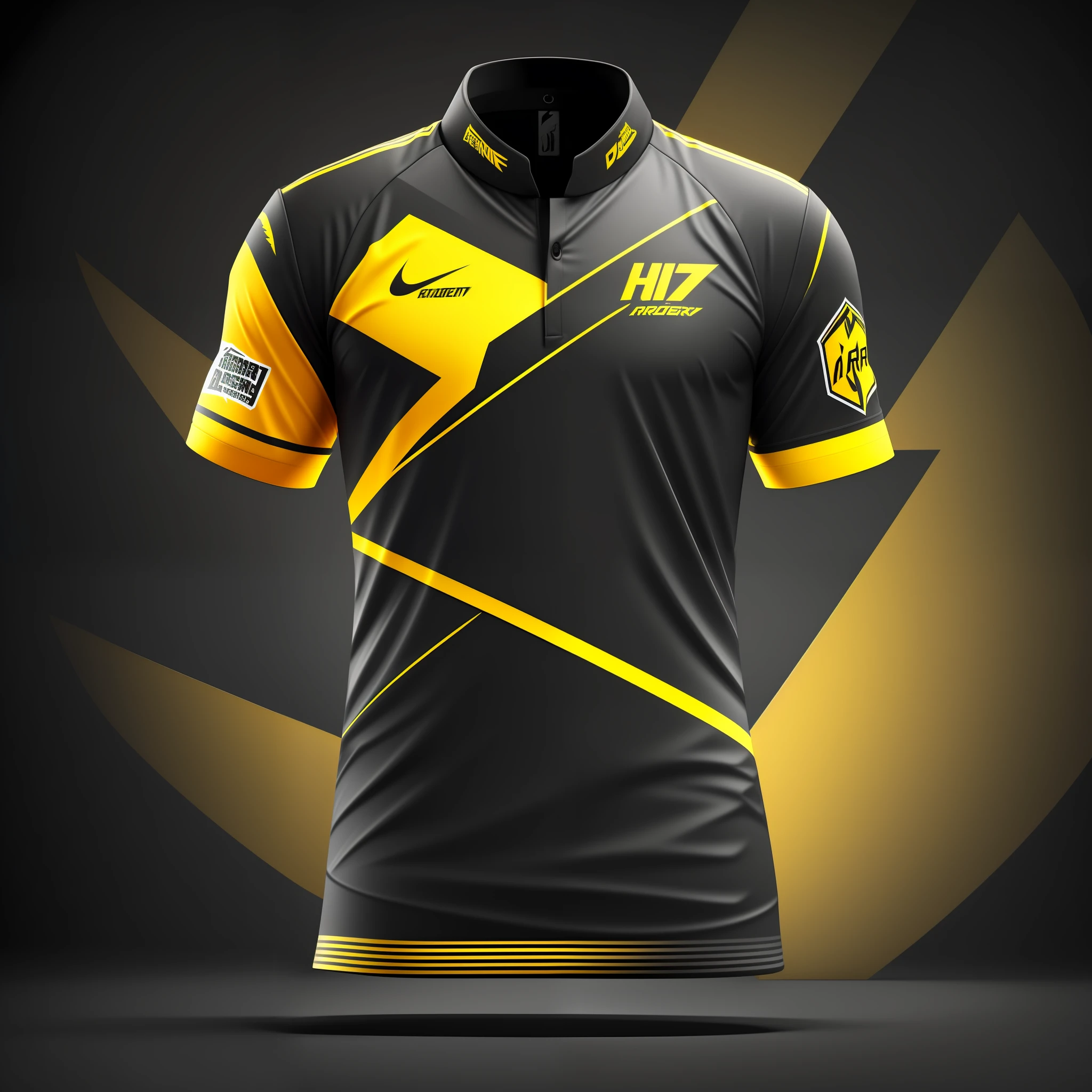 design a e-sports jersey shades of light black e yellow vibrant vector front, hyper realistic rendering, hyper detailed, octane render