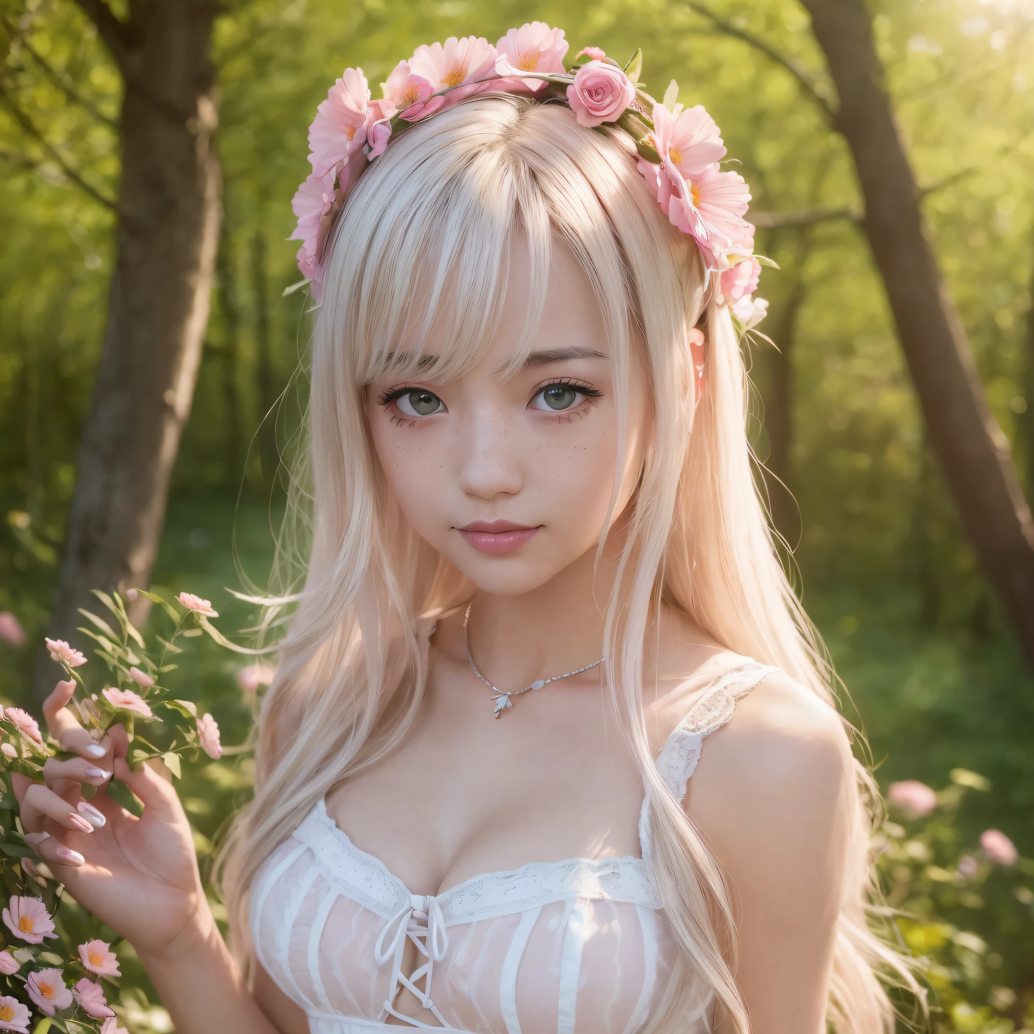 ((1 solo girl)), (((full body photo)))), ((realistic soft lighting)), ((realistic)), (beautiful face:1.1), long straight platinum blonde hair with bangs, detailed eyes, lush lips, 22 years, (sexy attractive figure), (large breasts), (neckline), (tight abs), (thick hips) 4K, HDR, DSLR photoshoot, professional photography, detailed texture, pink lipstick, pink nails, light green eyes, freckle on face,  Japanese girl, ****ta, pink ****ta and bramco outfit, on the high hill with beautiful trees and flowers, open sky with sun, by day, smiling, great realistic wings and white angel on the back --auto --s2