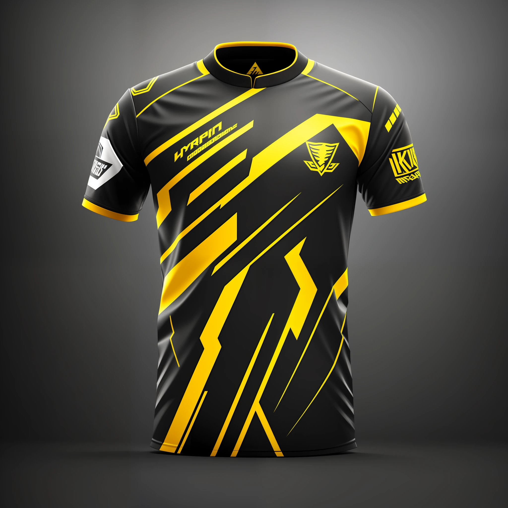 design a e-sports jersey shades of light black e yellow vibrant vector front, hyper realistic rendering, hyper detailed, octane render