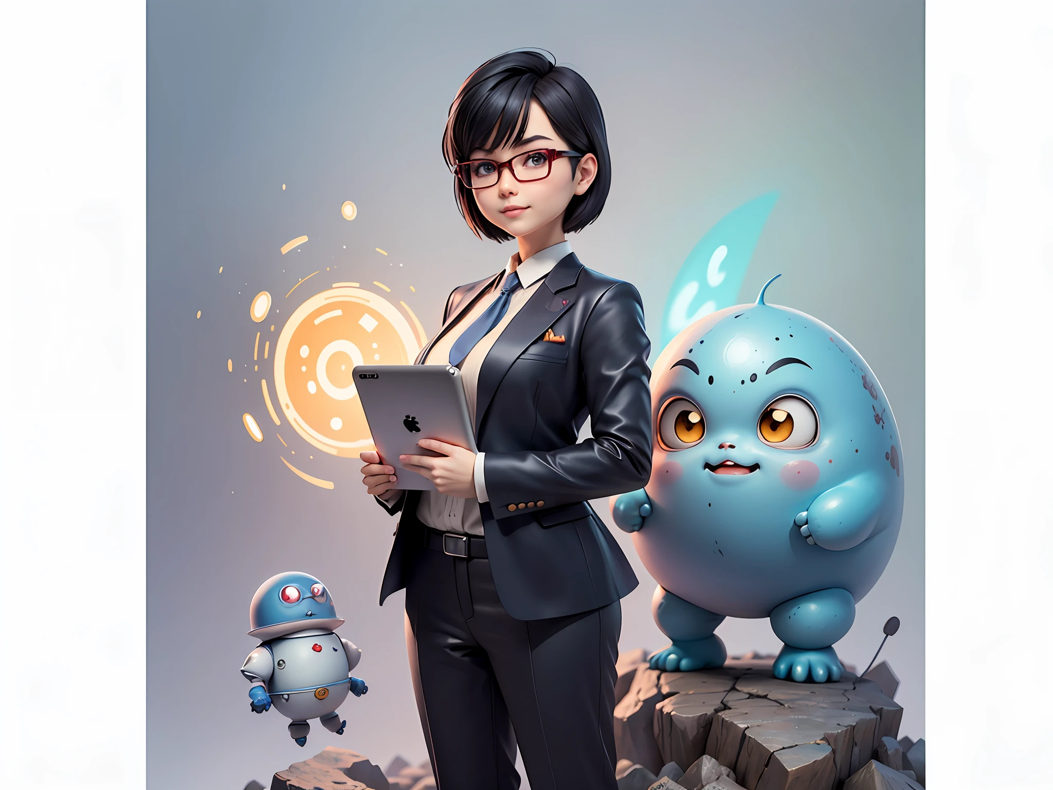 Masterpiece), (Excellent), (Super Meticulous), (Full Body: 1.2), Super Young Woman, Beautiful, Sexy, Bursting, Oriental Face, TV Anchor, Bust Portrait Illustration, Alone, Black Suit, Blue Tie, Silver Glasses, Slightly Chubby Face, Very Clean Face, No Beard, Black Super Short Hair, Black Eyes, Confident Smile, 3c Computer Sub-Products, iPad, iPhone, Digital Painting, 3D Character Design by Akira Toriyama with Mark Claireden and Pixar and Hayao Miyazaki, The illustration is a high-definition illustration in 4K resolution with very detailed facial features and cartoon-style visuals.