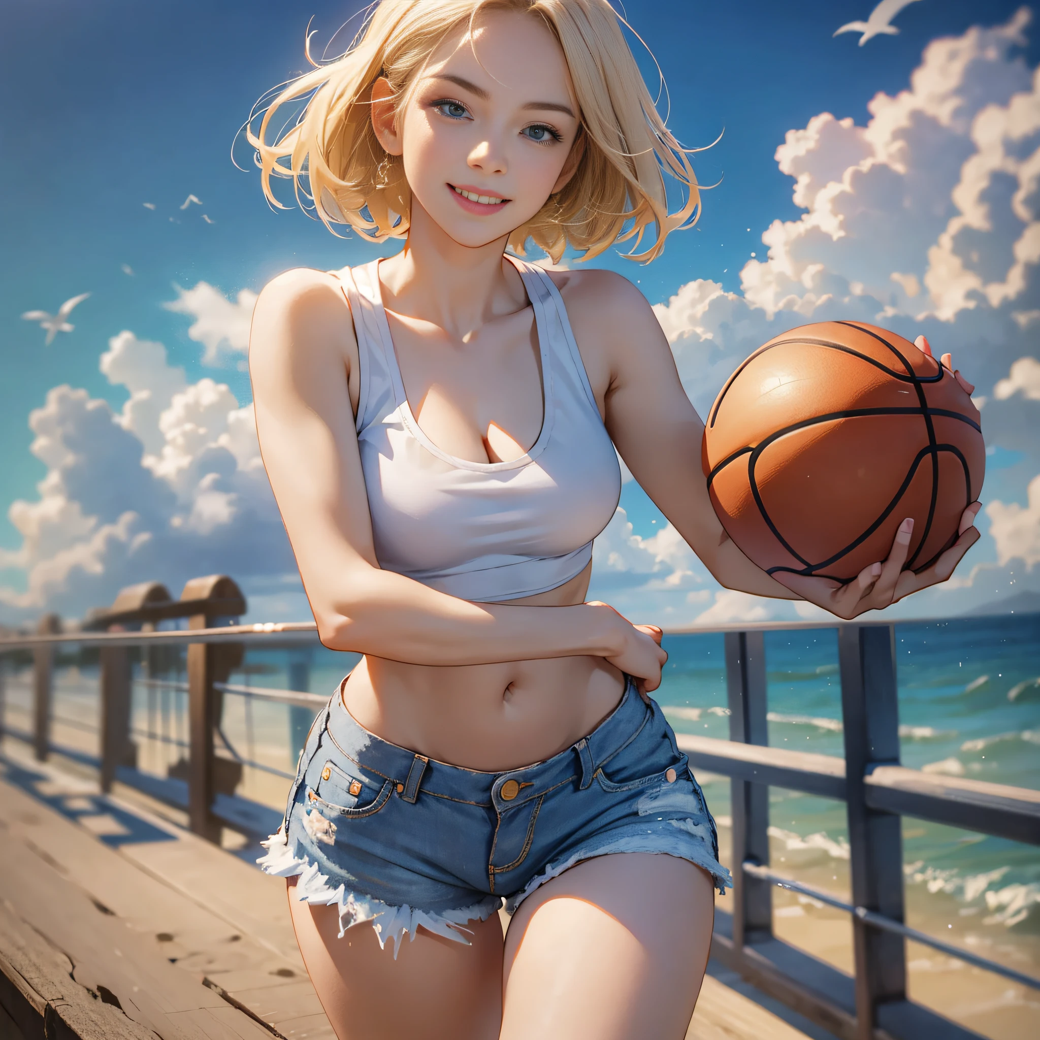 keywords": ["masterpiece", "best quality", "extremely detailed CG", "unity 8k wallpaper", "cinematic lighting"],
"description": "Design art featuring a beautiful girl in a seaside park. The girl is running and looks stunningly cute with a smile. She has a short bob hairstyle in golden blonde, blue eyes, double eyelids, and long eyelashes. She has long limbs and is wearing a white tank top, distressed denim shorts, and white low-cut basketball shoes. She strikes an active pose.