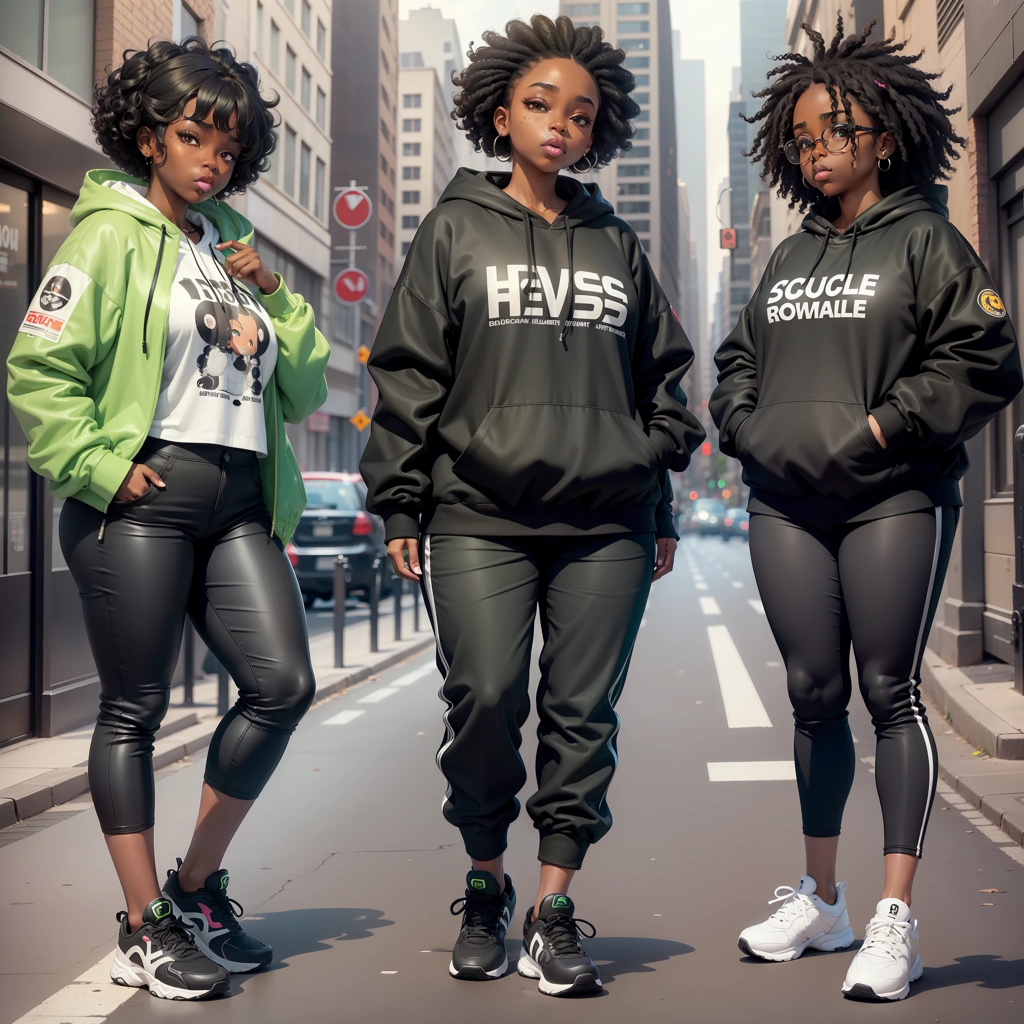 A woman, black skin, black sweatshirt and black pants, black and white sneakers, big cheeks and mouth, round face, curly hair, medium size black with green locks, serious and confident expression, low point of view, eavetfwao scenery in the city, hip hop style, posing for selfie, two moles near the eyes, anime style