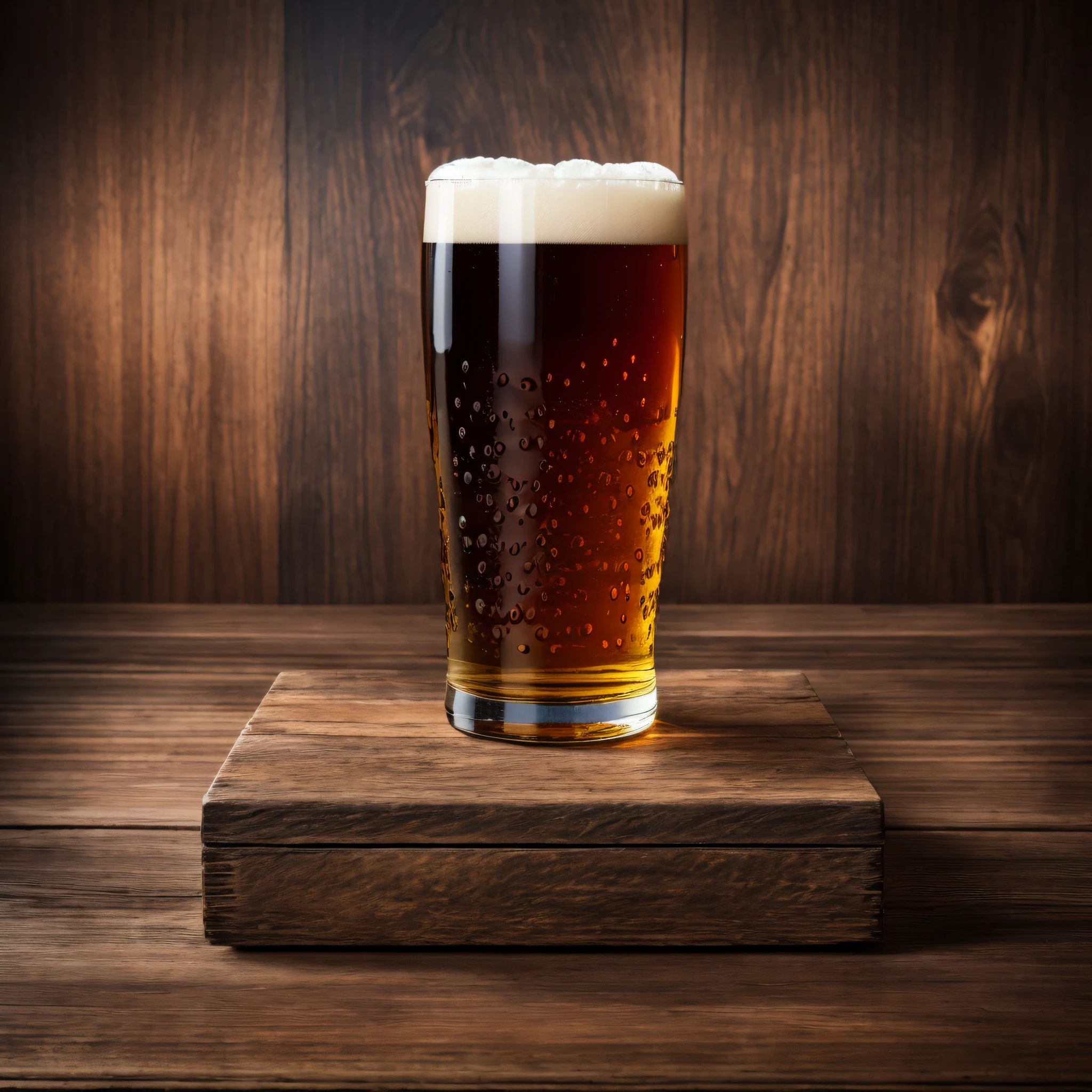 photography, one beer, wooden table, black background, masterpiece, top quality, high resolution, promotional photo, intricate details, HDR, cinematic
