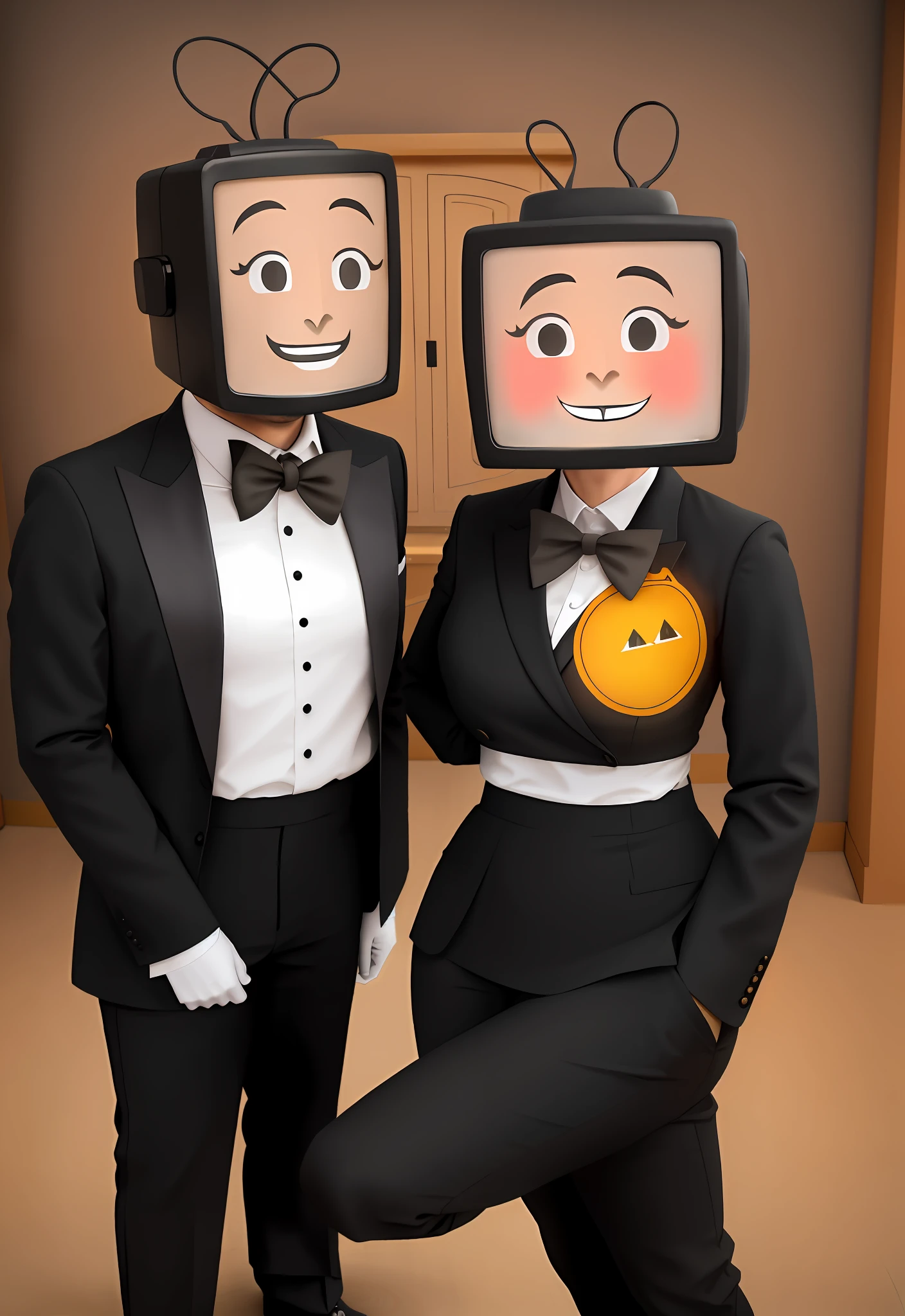 There are two people dressed as businessmen, a man and a woman, and each with a TV head. By faqvor change their outfit to a fine sport