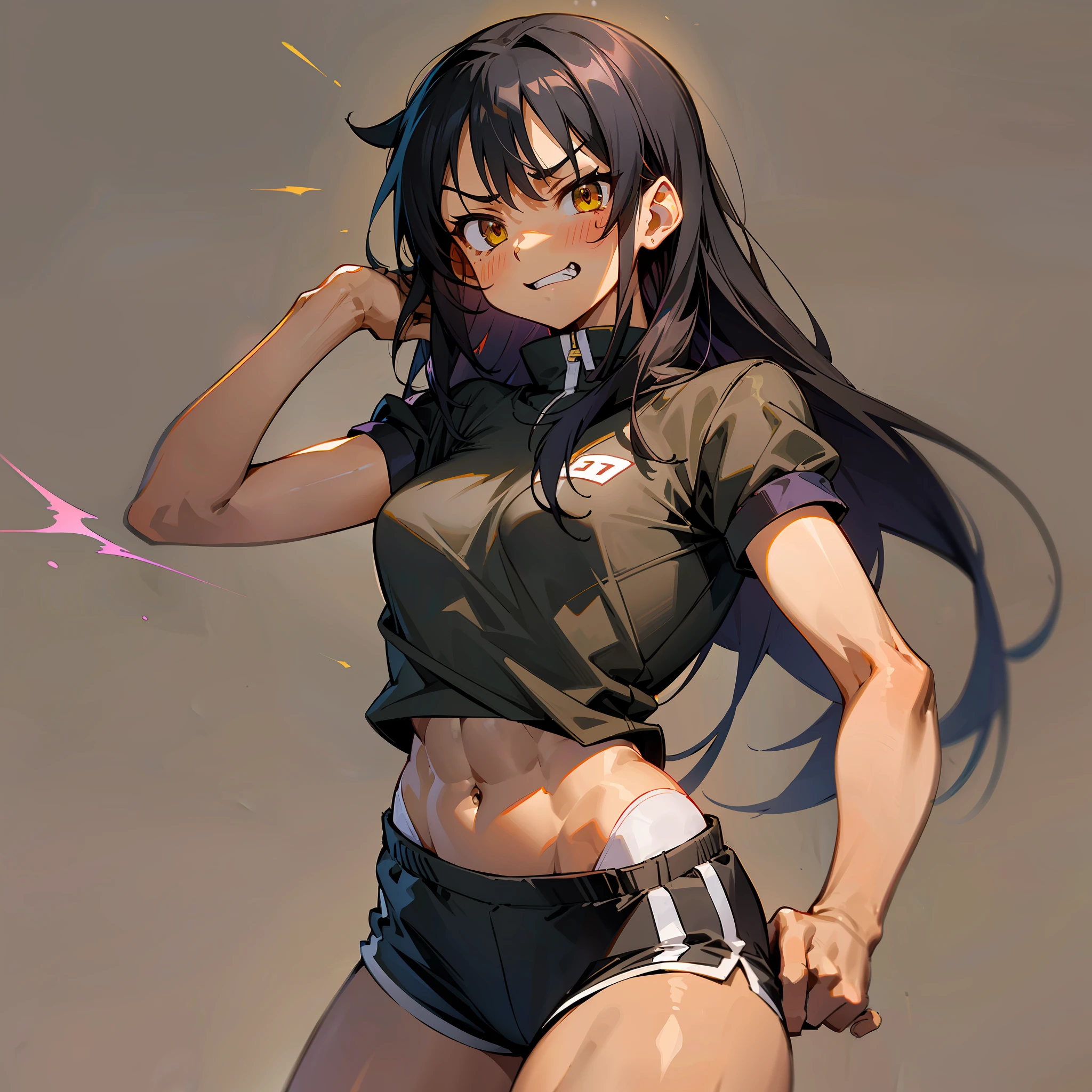 (hayate nagatoro), long straight hair, bright yellow eyes, full body, tan marks, tomboyish style, (anger), ((sarcastic face)), atmospheric light, very small breasts, perfect female face, ultra detailed, (wearing black running uniform with short sleeves and short shorts), ((lean body and fitness))), toned abs, fitness, smooth, high details, soft bokeh background --auto --s2