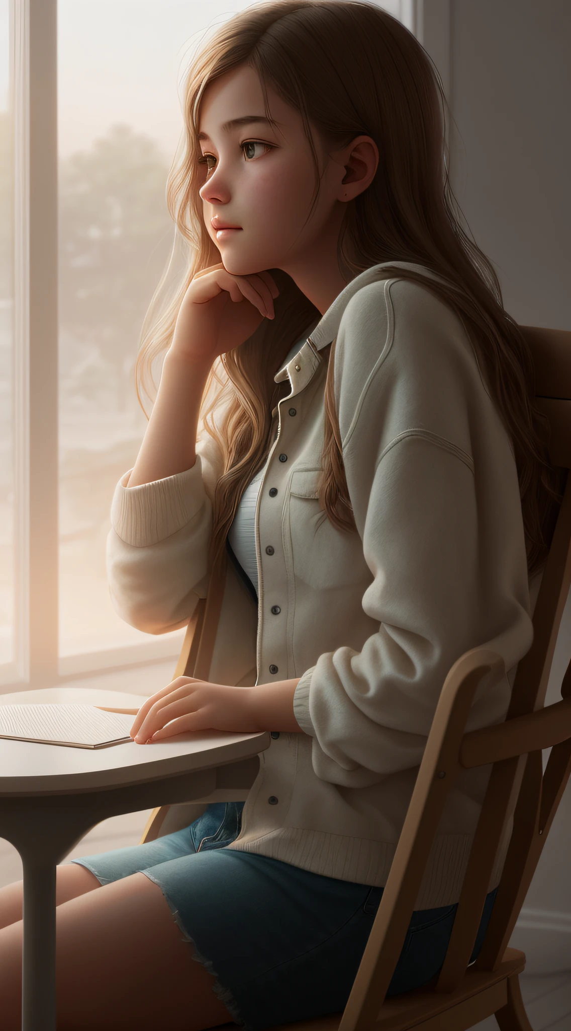 A side photo of a teenage girl in a chair looking forward, photography, soft lighting, soft details, octane, artstation trend, ultra high detail, ultra realistic, cinematic