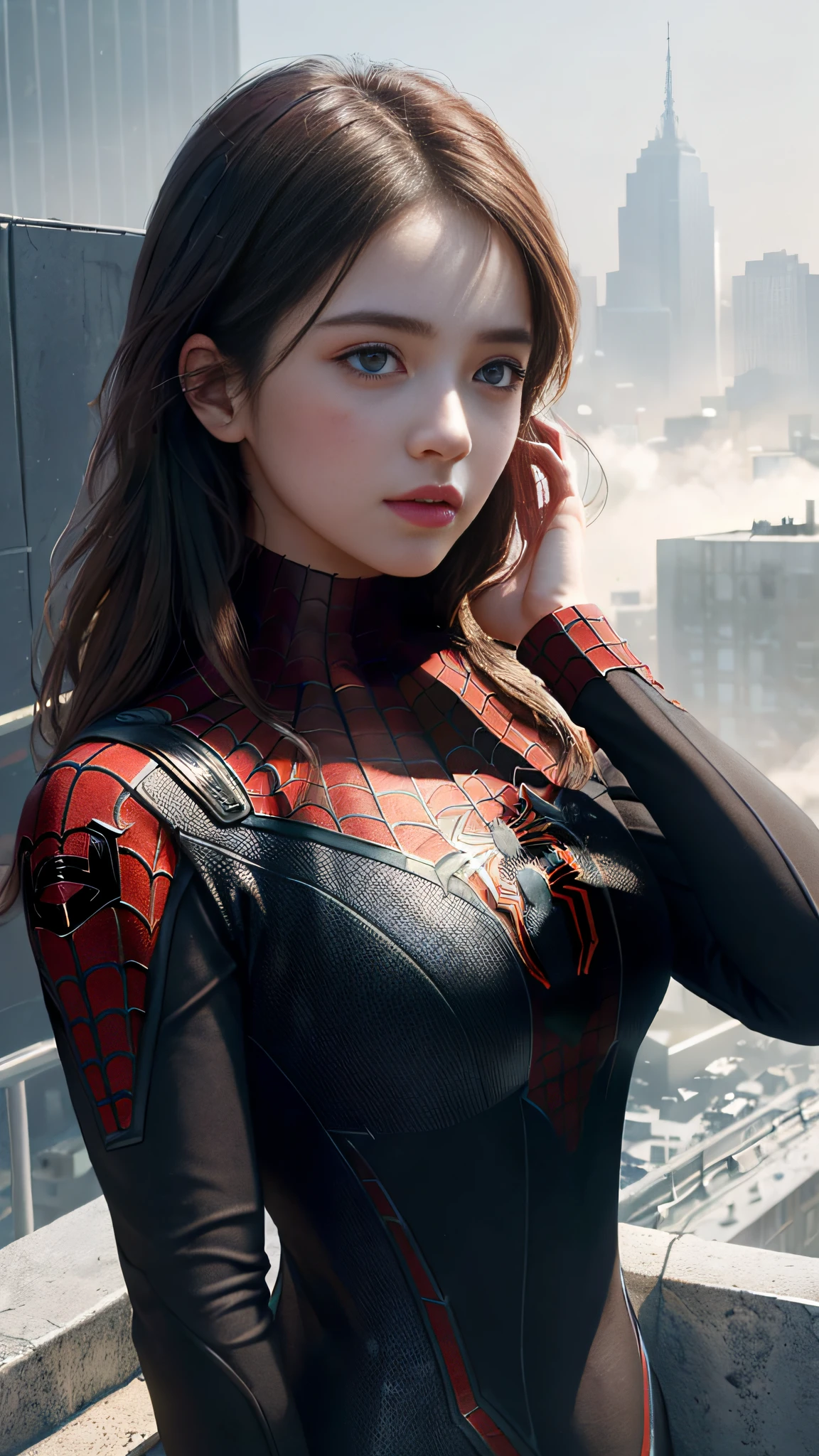 (1girl:1.3), Solo, (((Very detailed face)))), ((Very detailed eyes and face)))), Beautiful detail eyes, Body parts__, Official art, Unified 8k wallpaper, Super detailed, beautiful and beautiful, beautiful, masterpiece, best quality, original, masterpiece, super fine photo, best quality, super high resolution, realistic realism, sunlight, full body portrait, amazing beauty, dynamic pose, delicate face, vibrant eyes, (from the front), She wears Spider-Man suit, red and black color scheme, spider, very detailed city roof background, rooftop, overlooking the city, detailed face, detailed complex busy background, messy, gorgeous, milky white, highly detailed skin, realistic skin details, visible pores, clear focus, volumetric fog, 8k uhd, DSLR, high quality, film grain, fair skin, photo realism, lomography, futuristic dystopian megalopolis, translucent