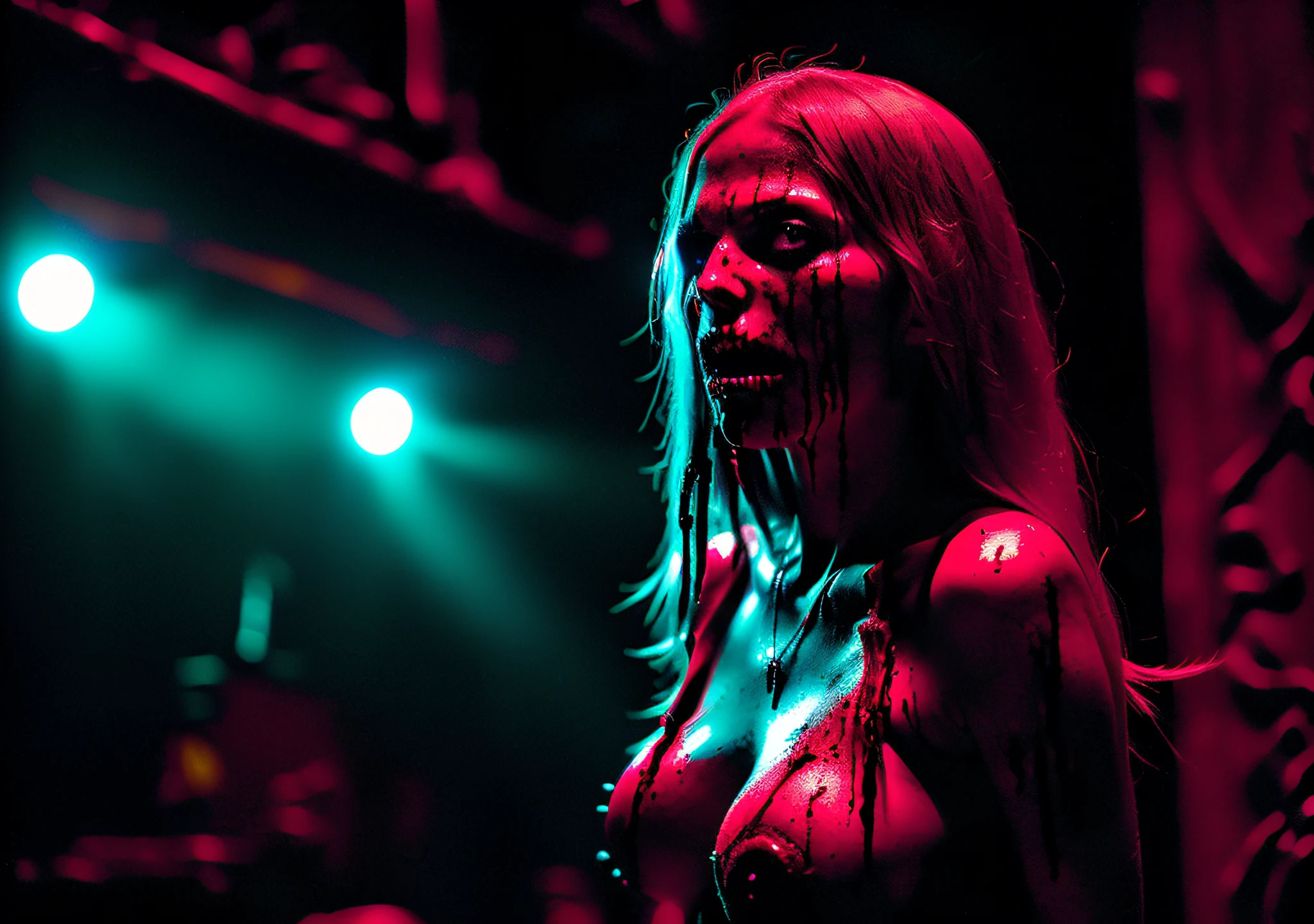 woman dj nun zombie, bloody face, huge breasts , dark, horror, red tones, gothic church in the background, ultra realistic, horror movie lighting, scary, chaos, neon lights in the background, realistic, ((best quality)), ((masterpiece)), ((with ink)), (night:1.2) dark, huge breast, dramatic cinematic lighting, soft edge lighting, (bloom:1.2), photographed on a Canon EOS R5, 50mm lens, F/2.8, HDR, professional, dramatic cinematic lighting, (backlit:1.2), hard edge lighting, cool and vibrant colors, (dusty air:1.3), cinematic film yet of (cannibal holocaust:0.5)| Scary stories to tell in the dark| (disgrace:0.2)|the void|