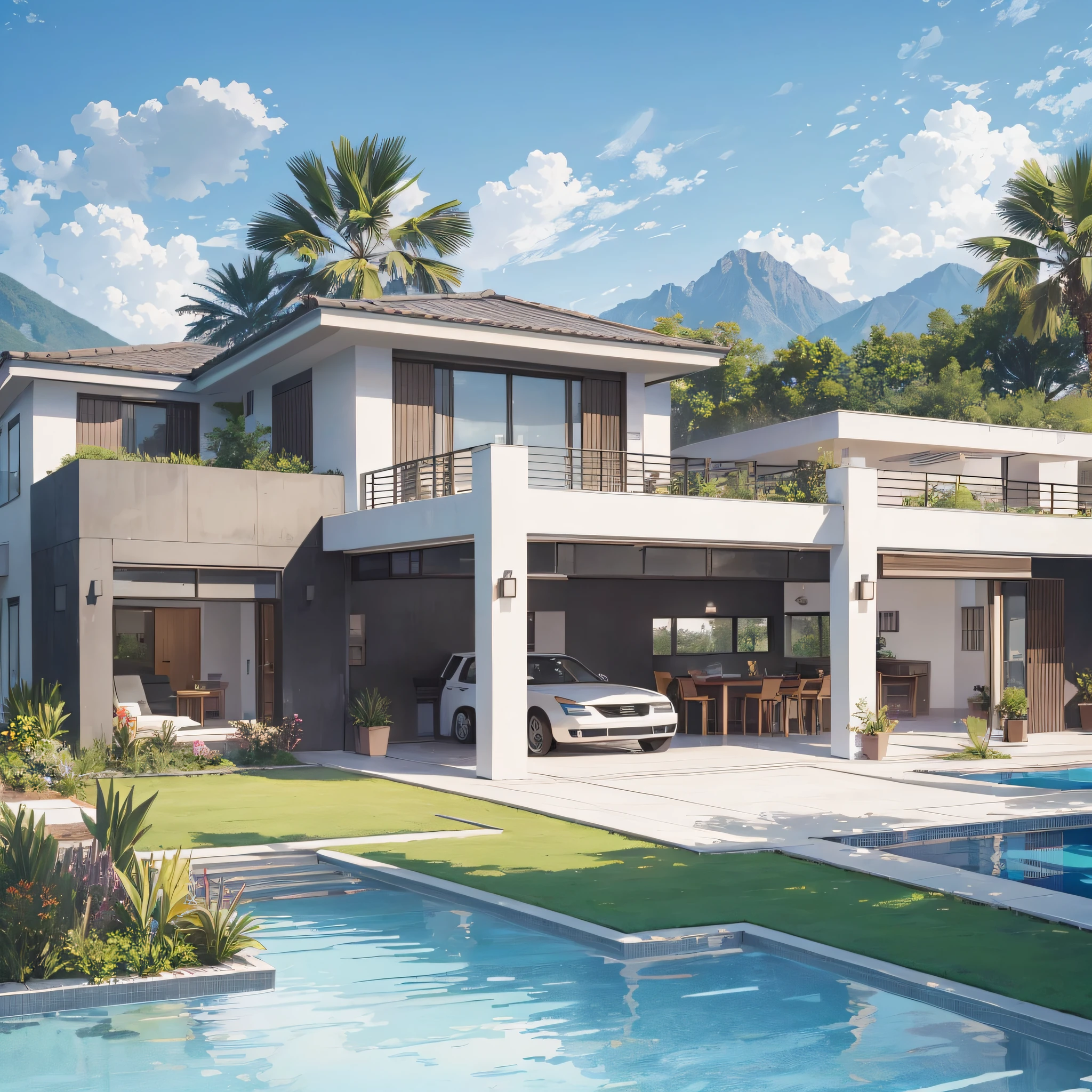 humanized plan of house with 2 suites, swimming pool, garage for two cars, setbacks with landscaping --auto --s2