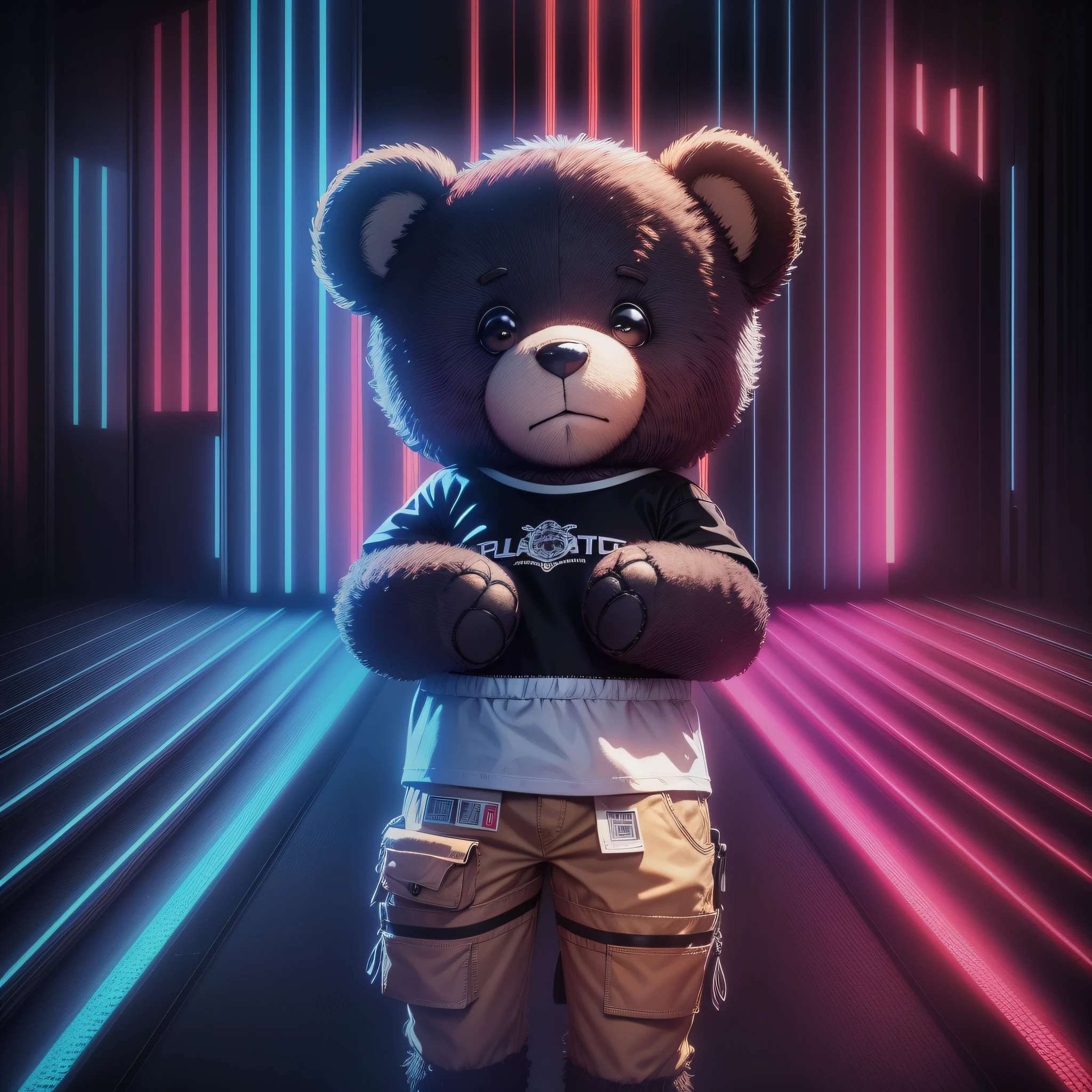 Teddy bear smiling wearing black T-shirt, realistic epic, rutkowski, HDR, intricate details, hyper-detailed, cinematic, rim light, soft colors. --auto --s2
