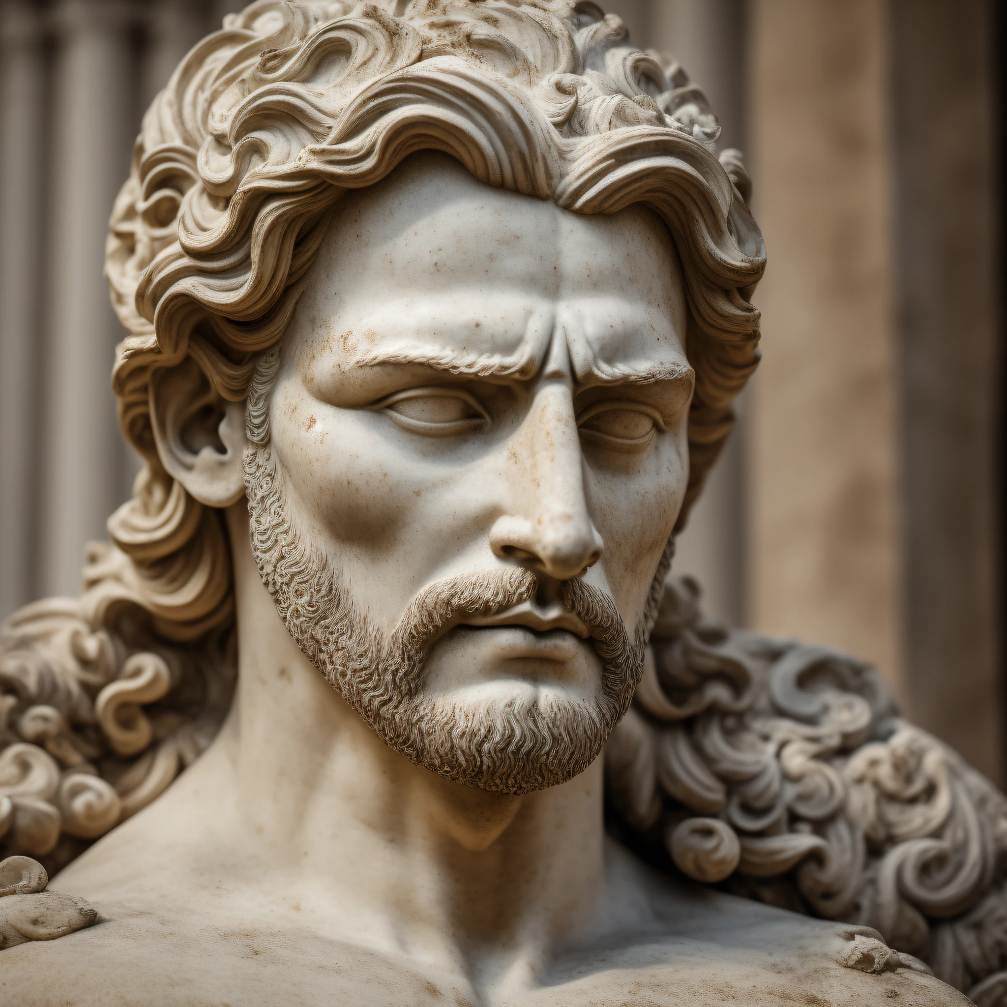 Extreme close-up of A hyper-realistic marble statue of a muscular handsome Roman god man holding a sword rotting, very old, ancient dust, and his facial expressions betray deep sadness and overthinking. Against the background of Roman columns, petrified birds, ashes on the ground withered and rotting, the colors are muted and faded, to emphasize the seriousness of the scene. --auto --s2