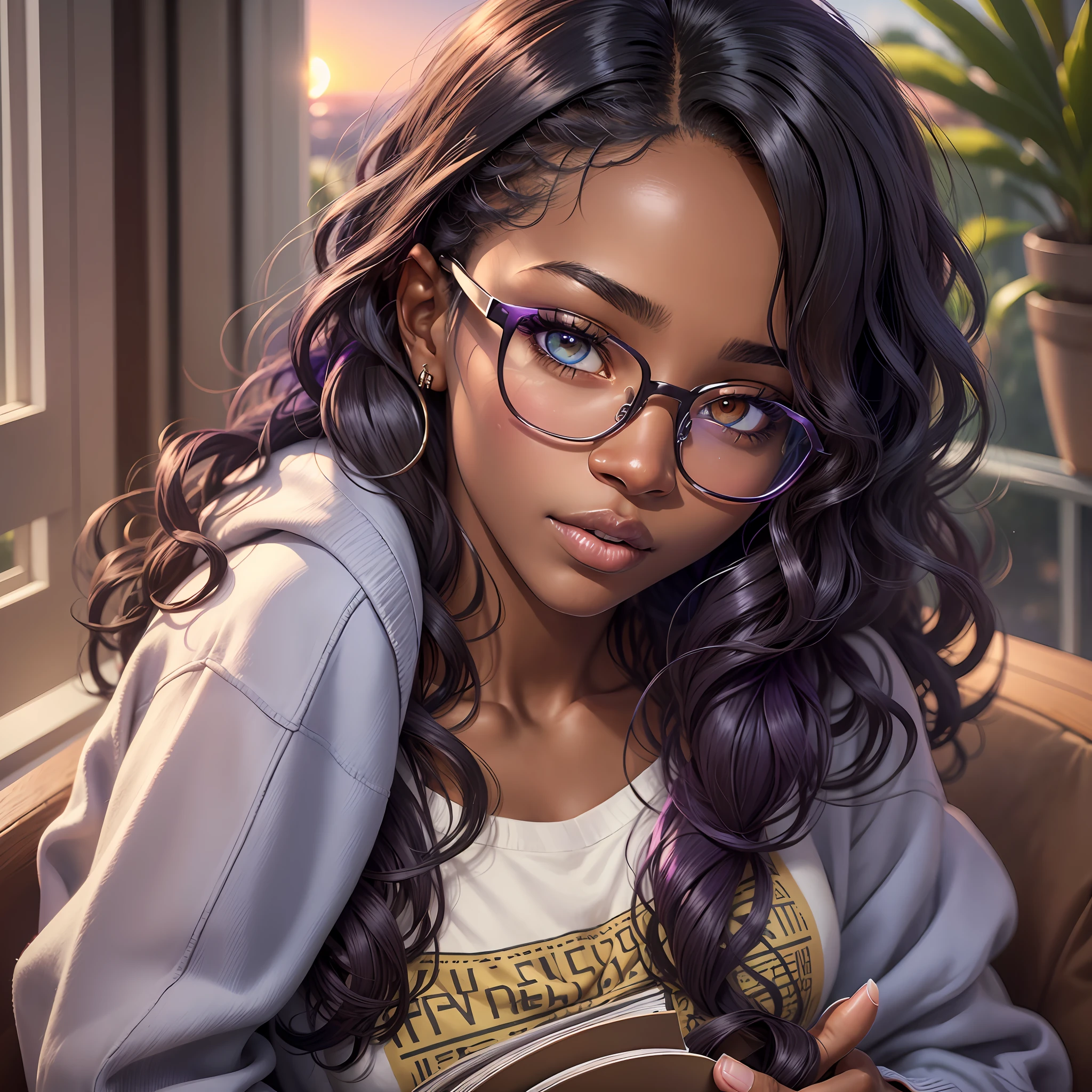 realistic portrait of a cute twenty-year-old young African-American girl ((dark skin color)) reading a book, ((sitting in a chair by the window during a sunset)), ((wearing glasses, suffers from heterochromia)) dressed in a purple sweatshirt and jeans, current fashion, long curly hair, mega hair, ((kanekalon)), dark background lighting, close-up, product vision, detailed facial details, perfect face, sharpness, trend art, sharp facial details, cgsociety, ultra high quality digital art, hyper exquisite details, 4K, 8K soft lighting, dreamy --ISO 100, fashion - --auto --s2