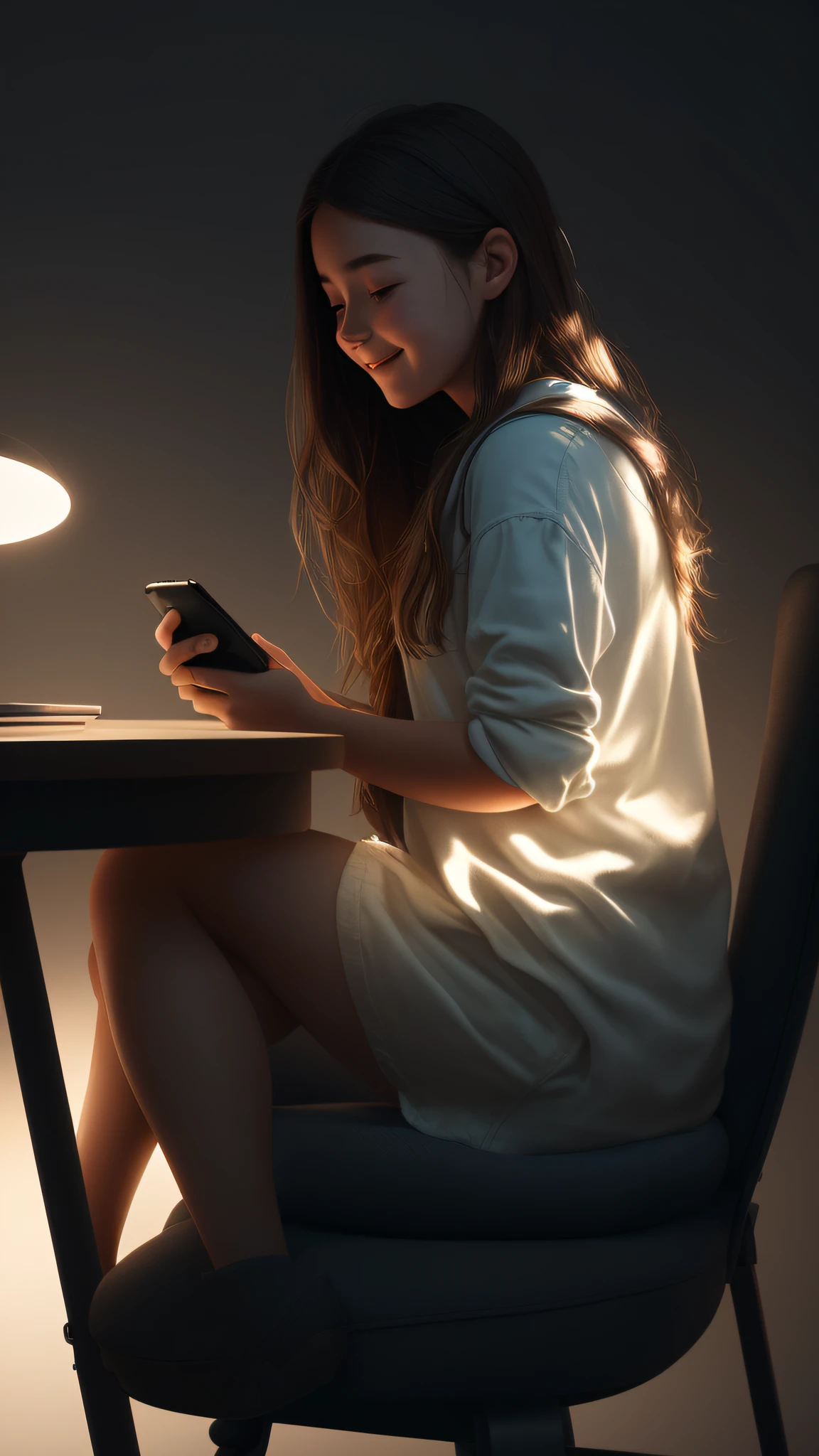 A side photo of a happy teenage girl in a chair looking at cell phone in hand, photography, soft lighting, soft details, octane, artstation trend, ultra high detail, ultra realistic, cinematic