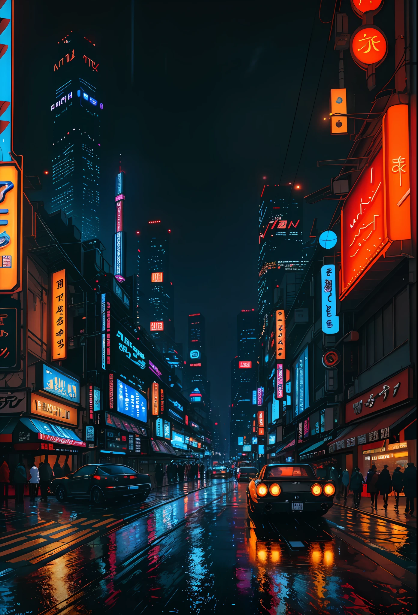 ((best quality)), ((masterpiece)), ((ultra realistic)), ((night time)), majestically detailed soft oil painting by jim lee, beautiful neon cyberpunk Tokyo, reflections, raining, crowded scifi city street, futuristic cars, night time, metallic, neon edge lighting, people, umbrellas, professional, skyscrapers, deep shadows, masterpiece, realistic, roughness, ultra realistic, photographed on a Canon EOS R5, 50mm lens, F/2.8, HDR, 8k resolution, highres, high detail, sharp focus, smooth, roughness, real life, photorealism, photography, 8k uhd,