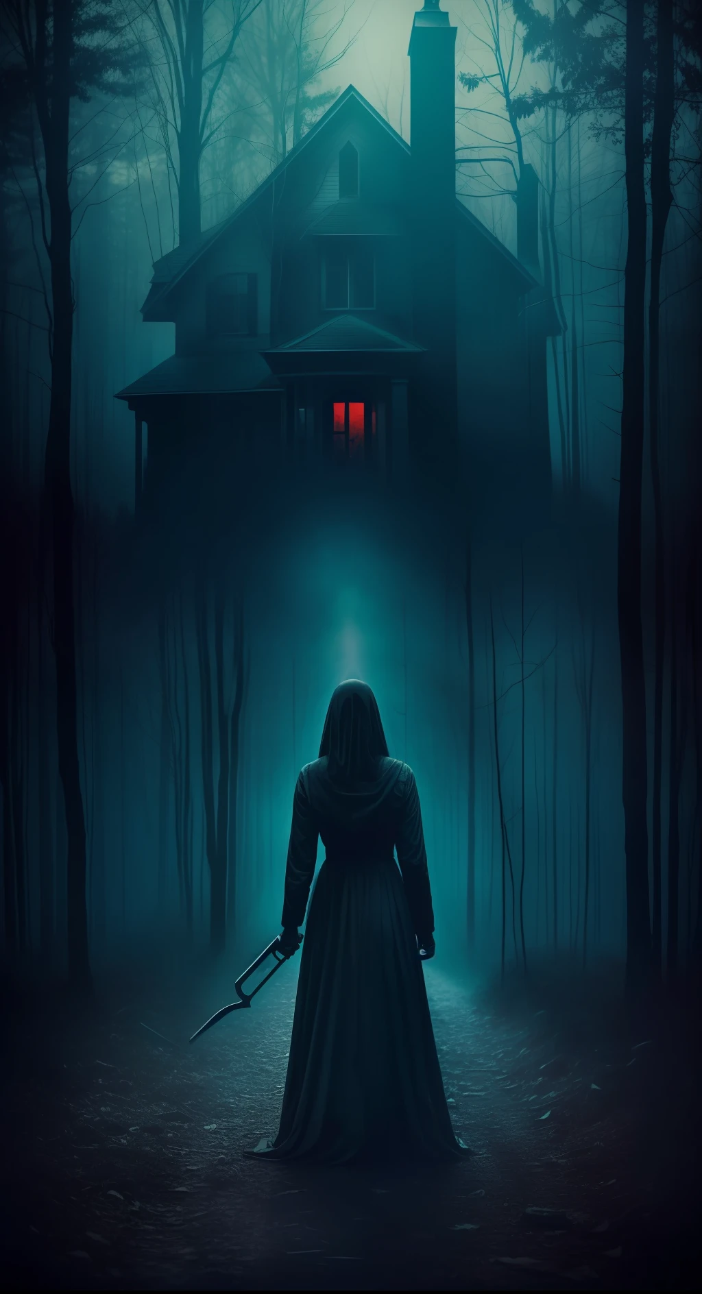 (horror movie poster, super detailed, really creepy), scared 1girl at center with flashlight, terrifying, impressionism, horror style, (HD 8k movie poster, dark slasher), (blood), (shadowy figure, eerie atmosphere), (cinematic mood), (horror movie poster), HD, blue filter, perfect cinematic, The Conjuring art style