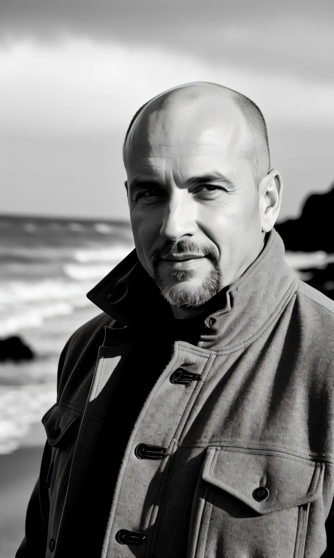 b&w photo of 42 y.o man in black clothes, bald, face, half body, body, high detailed skin, skin pores, coastline, overcast weather, wind, waves, 8k uhd, dslr, soft lighting, high quality, film grain, Fujifilm XT3