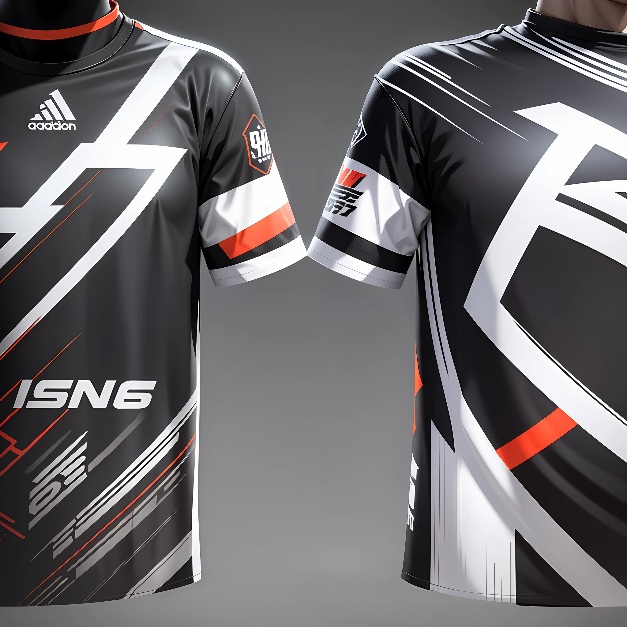design an e-sports shirt shades of light black and vibrant white vector front, spray print, hyper realistic rendering, hyper detailed, octane render --auto --s2