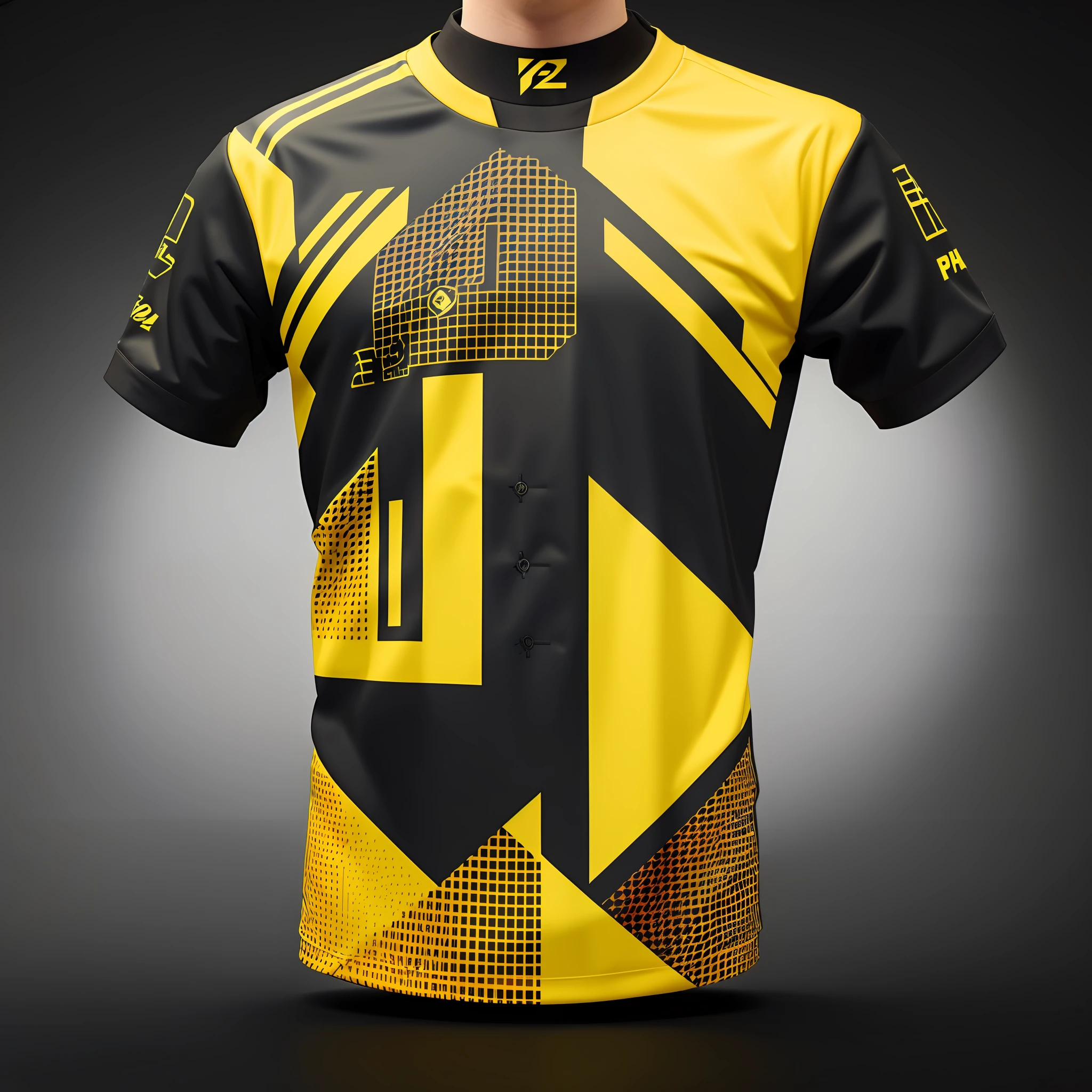design 1esports shirt shades of light black and vibrant yellow front vector, hyper realistic rendering, hyper detailed, octane render --auto --s2