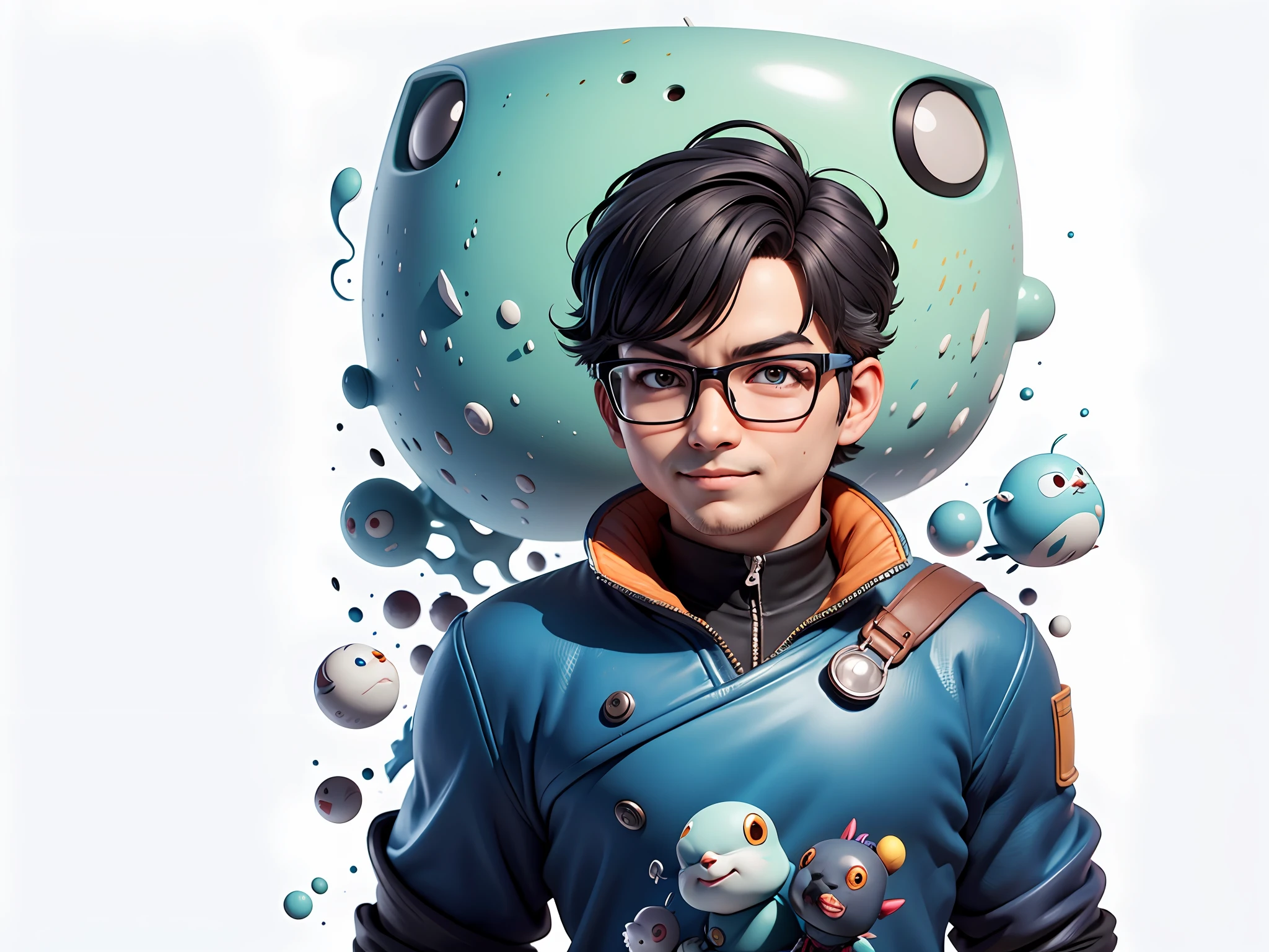Masterpiece), (Excellent), (Super Meticulous), (Full Body: 1.2), Super Young Woman, Beautiful, Sexy, Bursting, Oriental Face, TV Anchor, Bust Portrait Illustration, Alone, Black Suit, Blue Tie, Silver Glasses, Slightly Chubby Face, Very Clean Face, No Beard, Black Super Short Hair, Black Eyes, Confident Smile, 3c Computer Sub-Products, iPad, iPhone, Digital Painting, 3D Character Design by Akira Toriyama with Mark Claireden and Pixar and Hayao Miyazaki, The illustration is a high-definition illustration in 4K resolution with very detailed facial features and cartoon-style visuals.