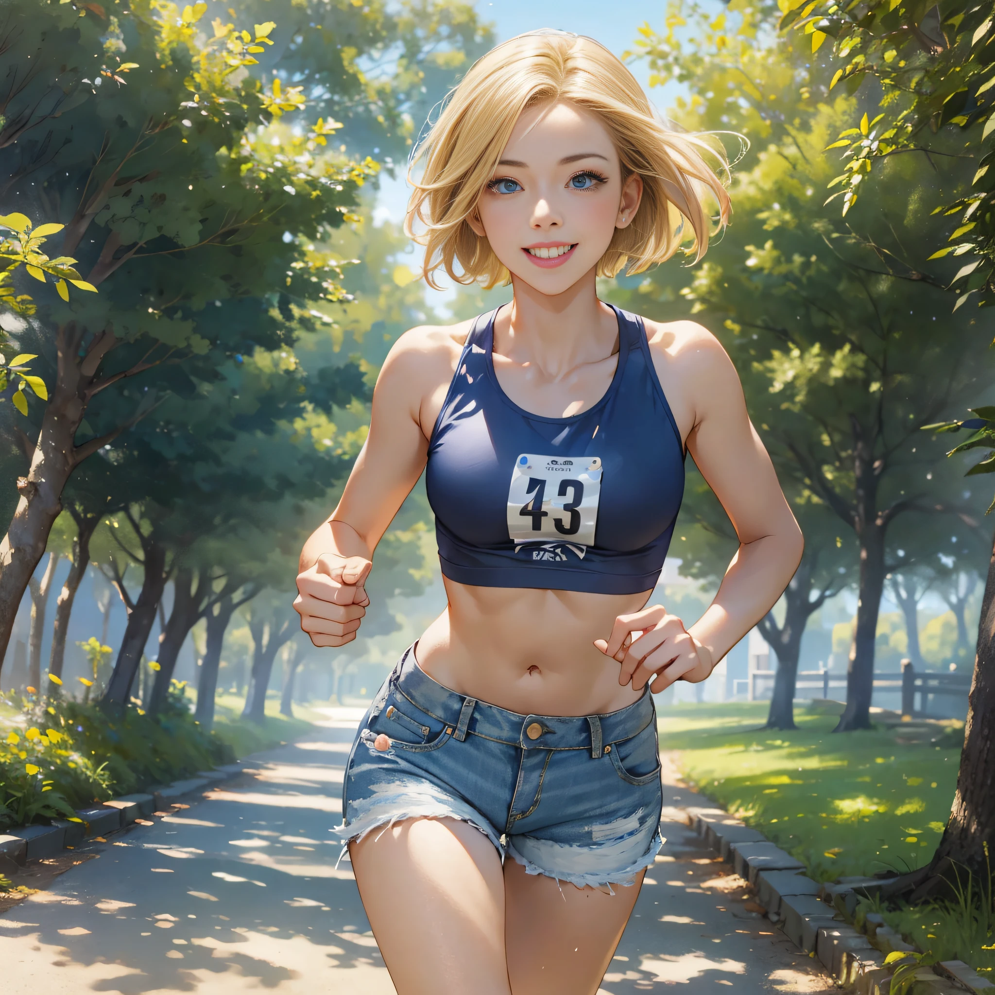 ["masterpiece", "best quality", "extremely detailed CG", "unity 8k wallpaper", "cinematic lighting"], a beautiful girl in a seaside park. The girl is running in the park, looking stunningly cute with a smile. She has a short bob hairstyle in golden blonde, blue eyes, double eyelids, and long eyelashes She has long limbs and is wearing a white tank top, distressed denim shorts, and blue running shoes. She strikes an active pose as she runs along the park's pathways.