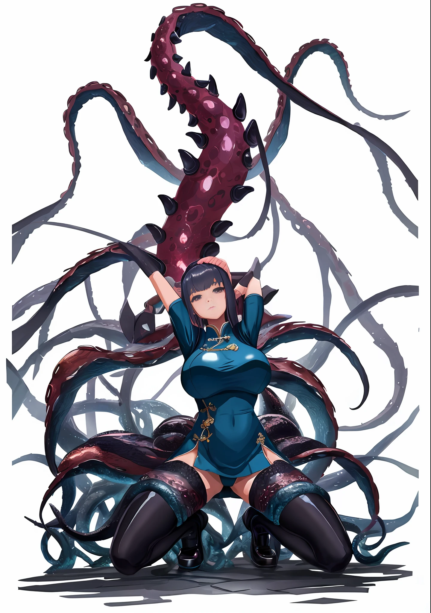 Anime girl with very big breasts and very big ass, full body Xianxia, small curvy ,((squatting)), full body,arms behind head,, {spread legs}, bow-leggedness, Crab crotch,((solo girl)), big, big ass, miniskirt, (( thighhigh)),((crotch))、(POV))))、,curvy,(thighhigh),(China dress))、(long slit)、pixiv3dcg,, negative, pixiv, ecchi, otporo potion, full body commission four, top rating on pixiv, ecchi anime style, seductive anime girl, pixiv, Close-up of painting of a woman with a snake on her back, Blood Moon tentacles!!, tentacle monsters, tentacle beasts, Lovecraft creatures covered with tentacles, Lovecraft sea creatures, space horror creatures, twisted tentacles, space horror concept art, tentacles around, Lovecraft's monster, Azathoth