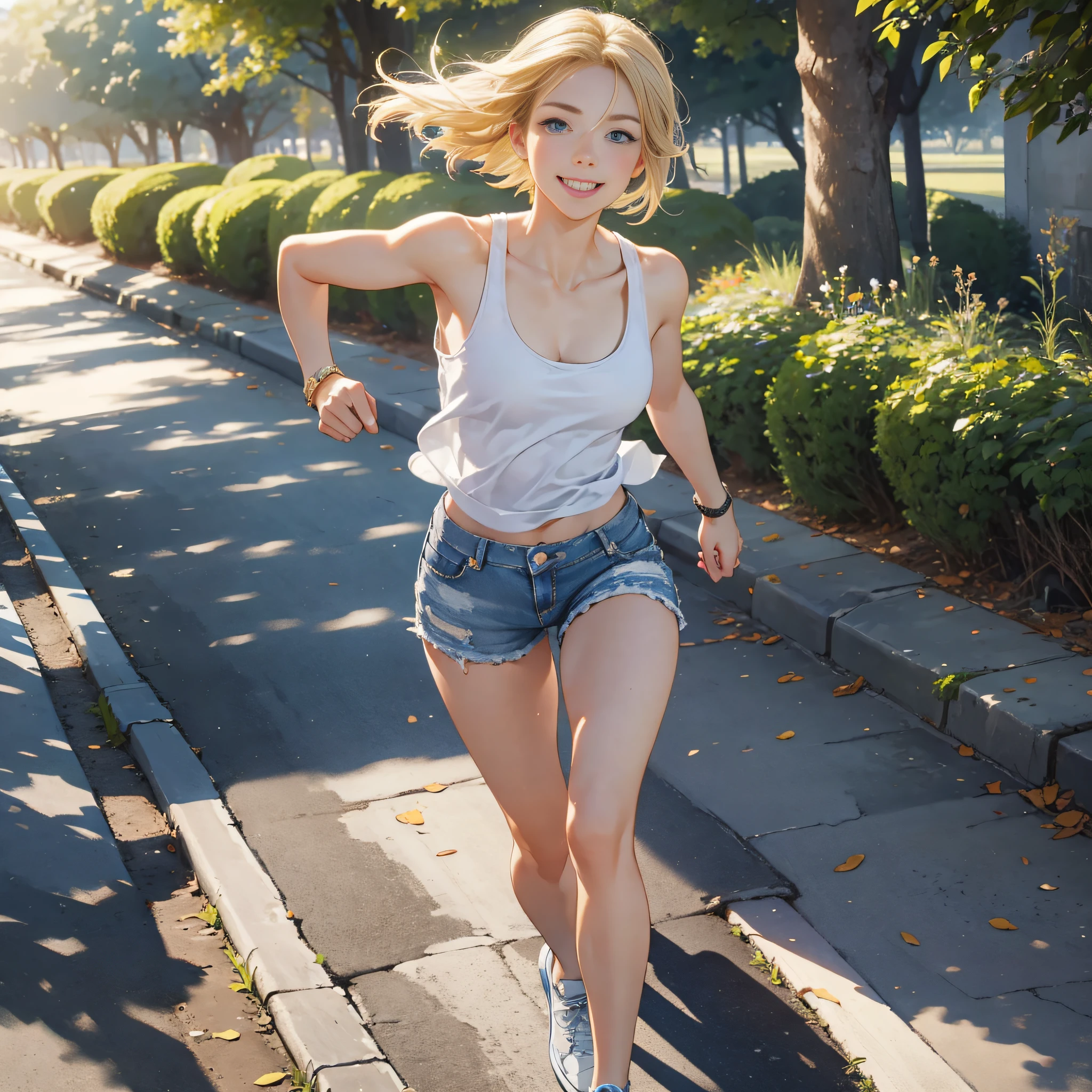 ["masterpiece", "best quality", "extremely detailed CG", "unity 8k wallpaper", "cinematic lighting"], a beautiful girl in a seaside park. The girl is running in the park, looking stunningly cute with a smile. She has a short bob hairstyle in golden blonde, blue eyes, double eyelids, and long eyelashes She has long limbs and is wearing a white tank top, distressed denim shorts, and blue running shoes. She strikes an active pose as she runs along the park's pathways.
