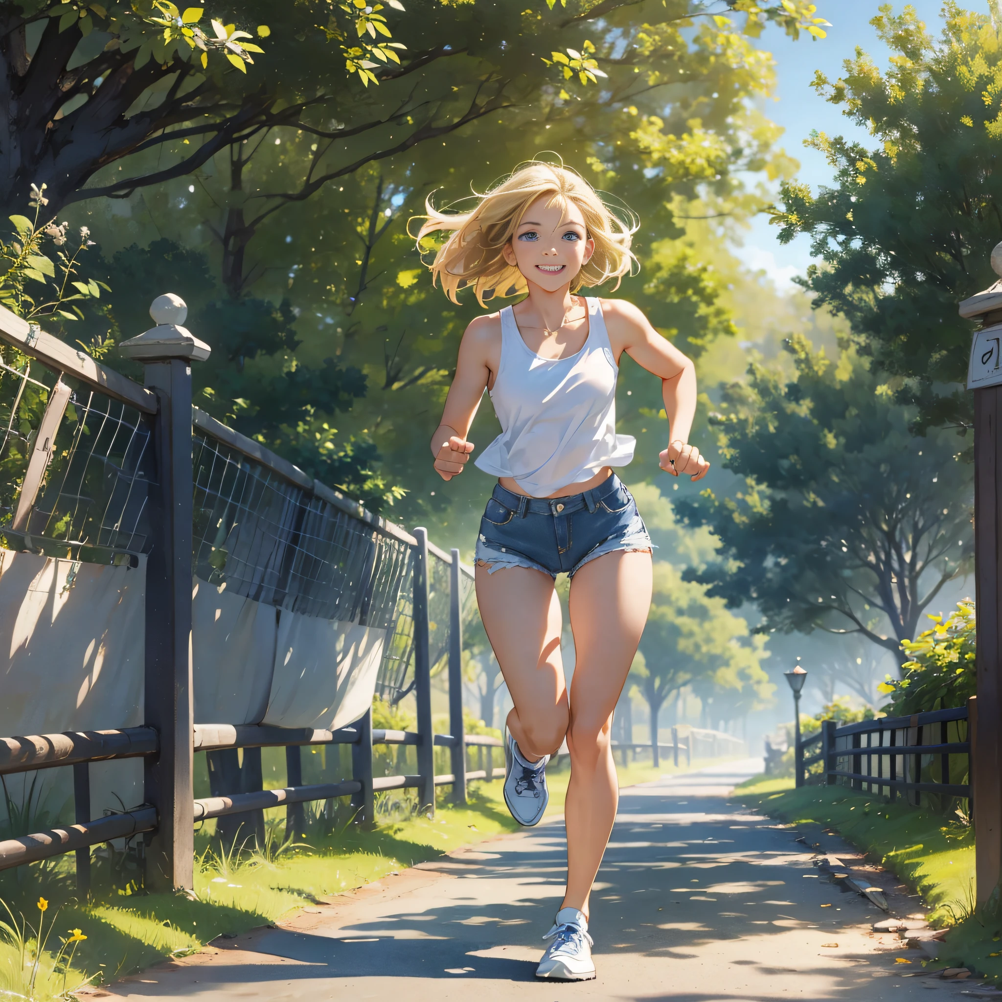 ["masterpiece", "best quality", "extremely detailed CG", "unity 8k wallpaper", "cinematic lighting"], a beautiful girl in a seaside park. The girl is running in the park, looking stunningly cute with a smile. She has a short bob hairstyle in golden blonde, blue eyes, double eyelids, and long eyelashes She has long limbs and is wearing a white tank top, distressed denim shorts, and blue running shoes. She strikes an active pose as she runs along the park's pathways.